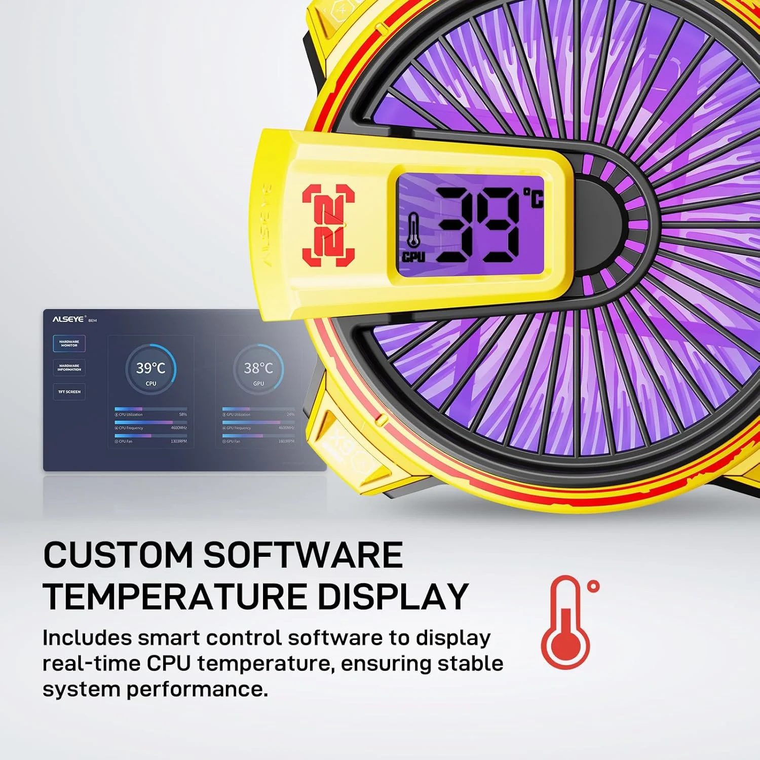 خنک کننده پردازنده ALSEYE W90C با نمایشگر دما، مناسب برای کیس های کامپیوتر کوچک با فن نورپردازی ARGB قدرتمند 90 میلی متری و پایه مسی با عملکرد بالا 40 میلی متری (نسخه اینتل W90C زرد)