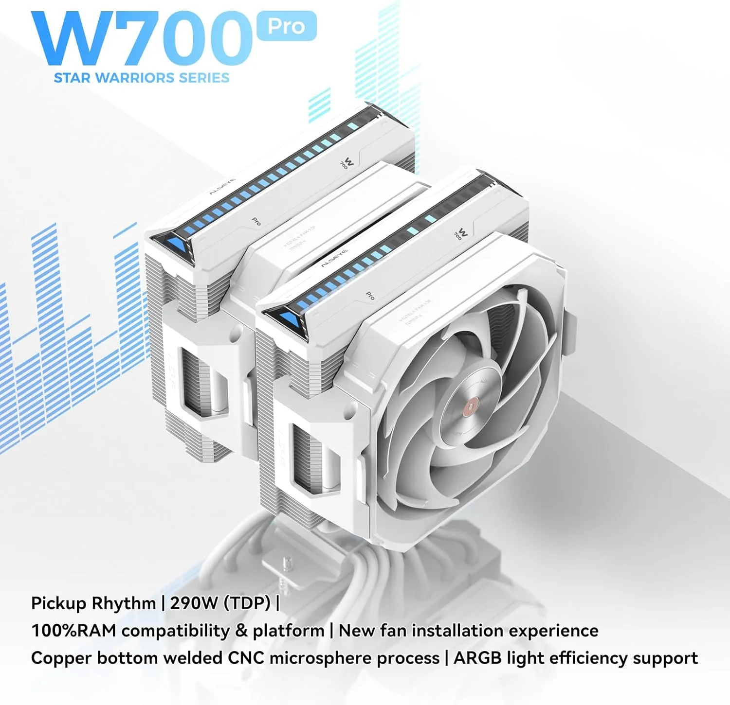 خنک کننده پردازنده ALSEYE W700 Pro Dual-Tower 300W TDP PWM با 7 لوله حرارتی مسی، خنک کننده بادی با نور ARGB هماهنگ با صدا، فن های Koala LGA1700/1200/2011/2066 AM5/AM4 (سفید)