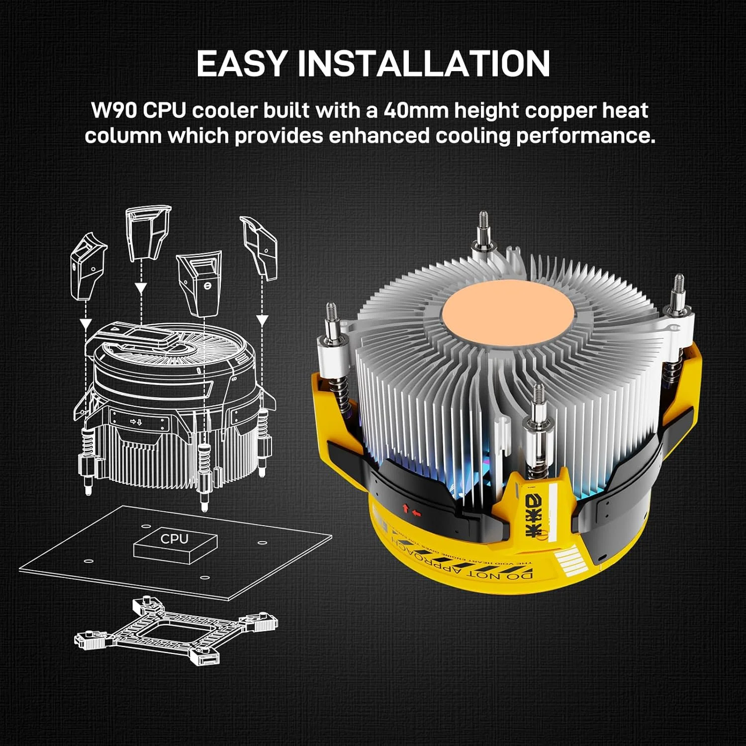 خنک کننده پردازنده ALSEYE W90C با نمایشگر دما، مناسب برای کیس های کامپیوتر کوچک با فن نورپردازی ARGB قدرتمند 90 میلی متری و پایه مسی با عملکرد بالا 40 میلی متری (نسخه اینتل W90C زرد)