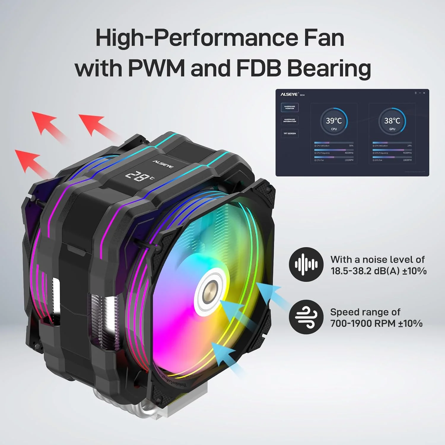 خنک کننده پردازنده بادی ALSEYE M120D Plus با نمایشگر دما، دارای دو فن ARGB و PWM 120 میلی متری سری Max، سازگار با Intel LGA1700 /1200 /115X /2011/2066 /1366 و AMD AM4/AM5 (مشکی)