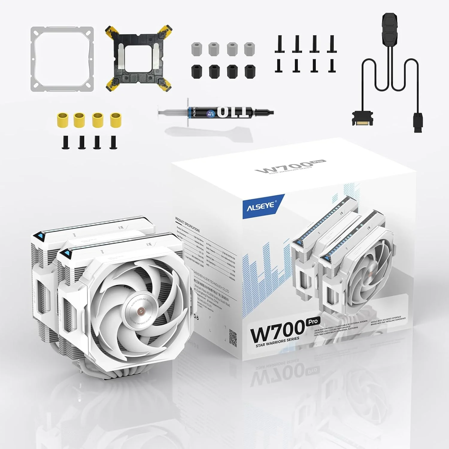 خنک کننده پردازنده ALSEYE W700 Pro Dual-Tower 300W TDP PWM با 7 لوله حرارتی مسی، خنک کننده بادی با نور ARGB هماهنگ با صدا، فن های Koala LGA1700/1200/2011/2066 AM5/AM4 (سفید)