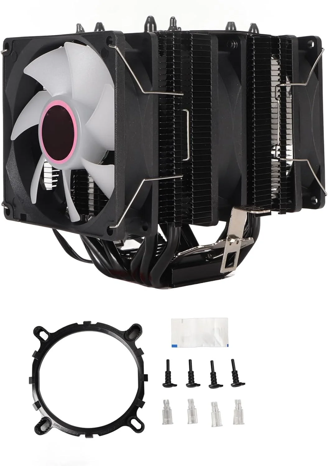 خنک کننده پردازنده 9 سانتی متری Bewinner، برج دوقلو 3 فن با دفع حرارت مستقیم، فن خنک کننده پردازنده فوق العاده بی صدا با 5 رنگ نور برای 775 1150 1151 1155 1156 1200 1700 1356 1366، برای 3 پین