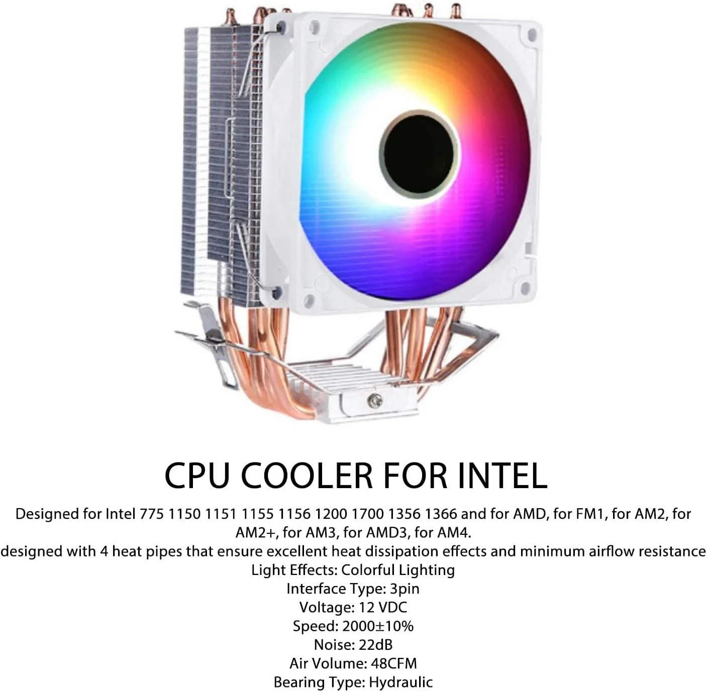 فن خنک کننده پردازنده 3.5 اینچی Bewinner، کولر بادی پردازنده با 4 لوله حرارتی با نویز کم 22dB، 2000RPM، نورپردازی رنگارنگ برای 775 1150 1151 1155 1156 1200