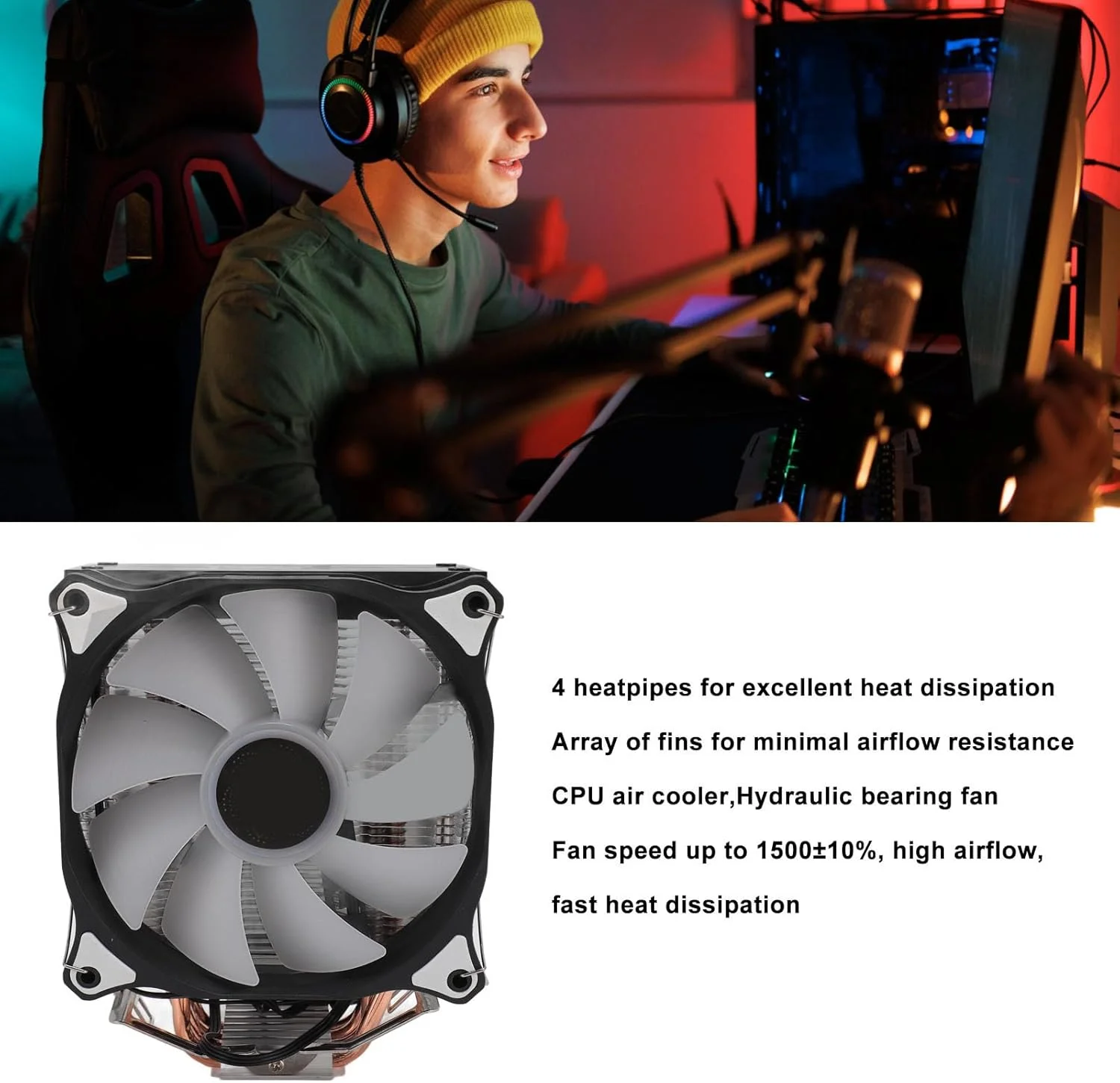 فن خنک کننده پردازنده Bewinner با 4 لوله حرارتی، دفع حرارت سریع، براکت و 5 نور رنگی برای FM1/AM2/AM3/AM4/AM2+