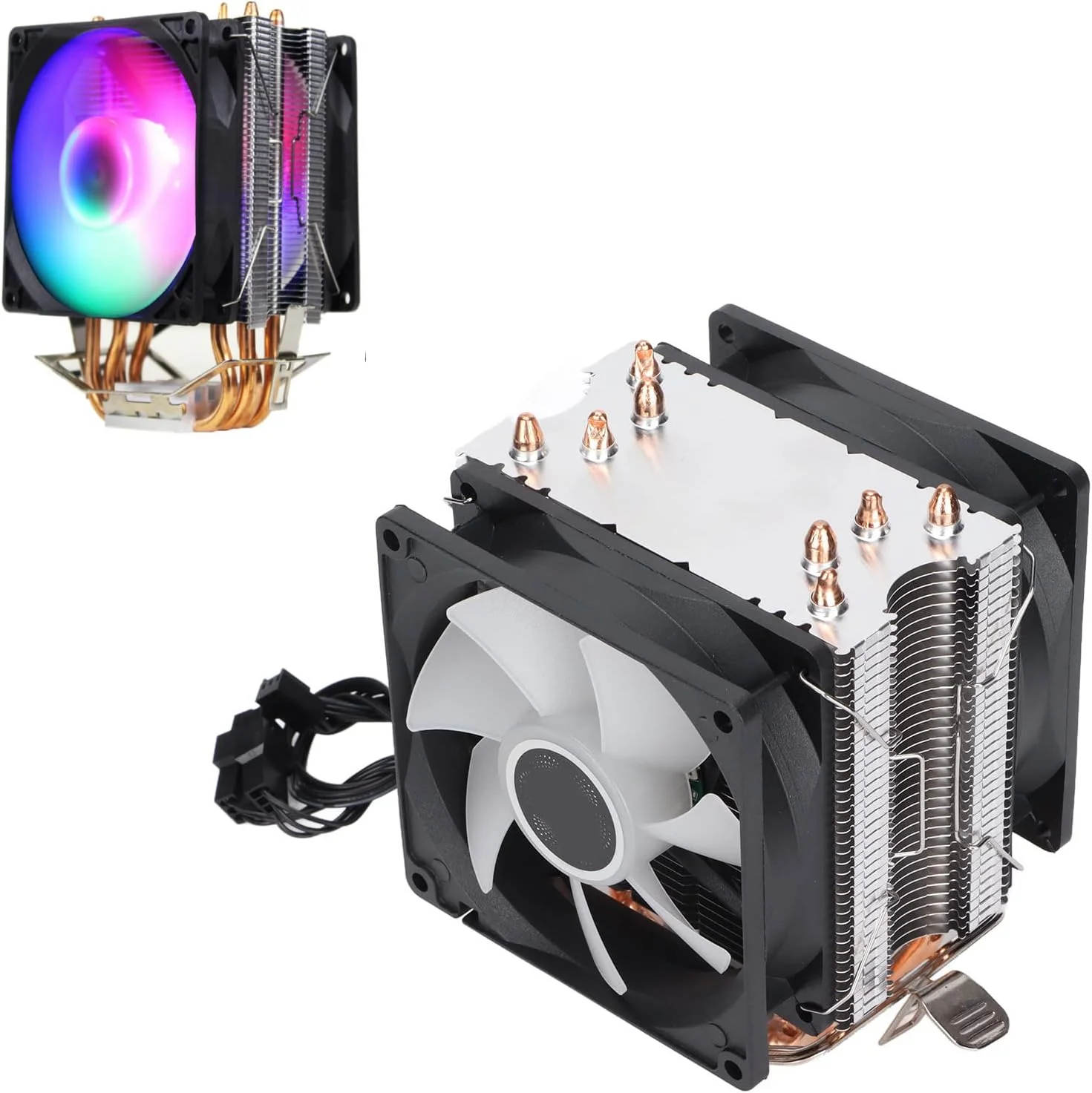 خنک کننده بادی پردازنده RGB، فن های خنک کننده پردازنده کامپیوتر RGB 90mm 3 پین 4 لوله حرارتی عملکرد بی صدا اتصال و پخش فن پردازنده سازگاری گسترده (فن دوتایی)