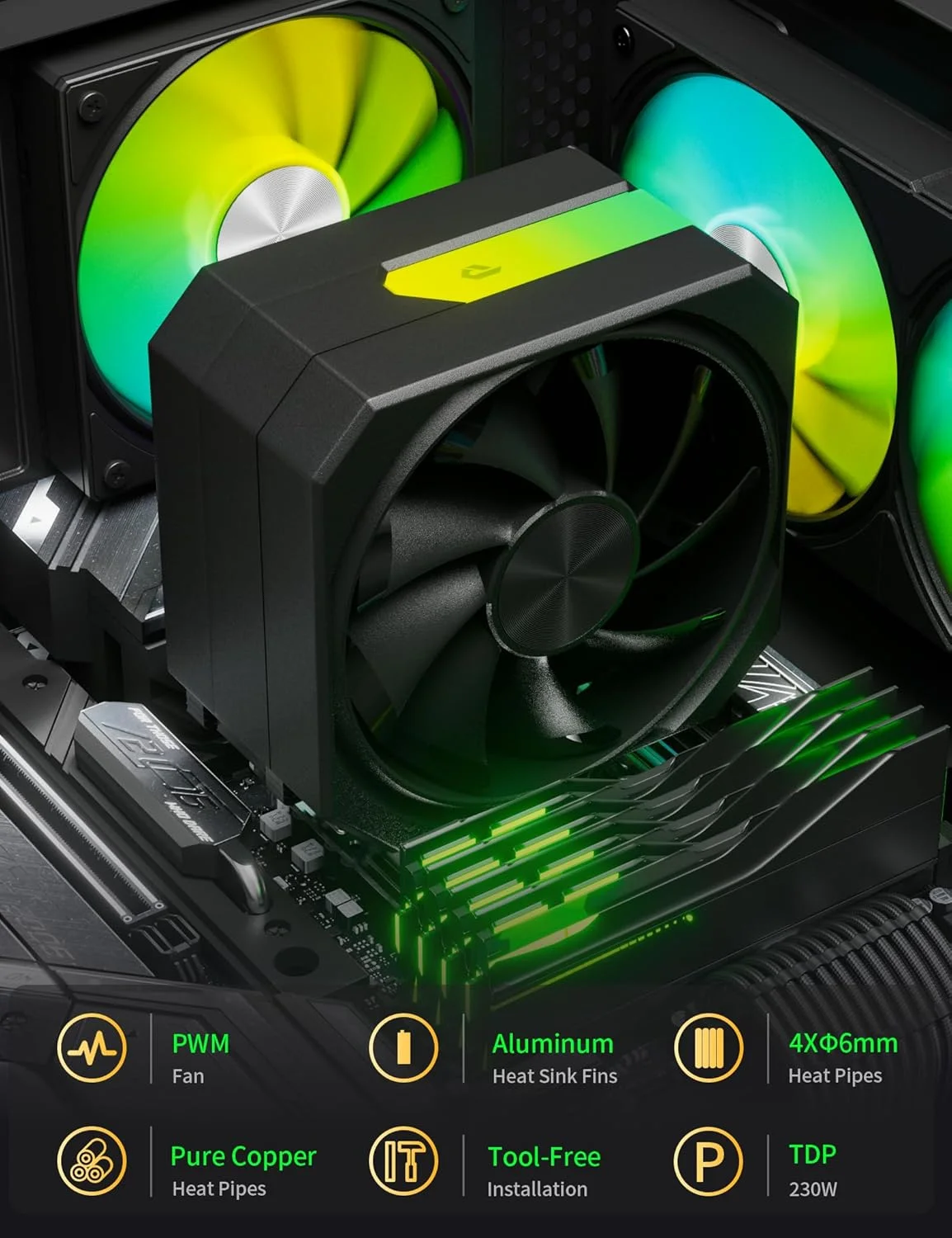 خنک کننده بادی پردازنده با 4 لوله حرارتی 6 میلی متری، فن 120 میلی متری ARGB با سرعت 1650 دور در دقیقه، خنک کننده بادی پردازنده AMD سری AM5/AM4/AM3، خنک کننده بادی پردازنده با ارتفاع 6.1 اینچ سازگار با Intel LGA 1700/1150/1155/1156/2011/2066 (مشکی)