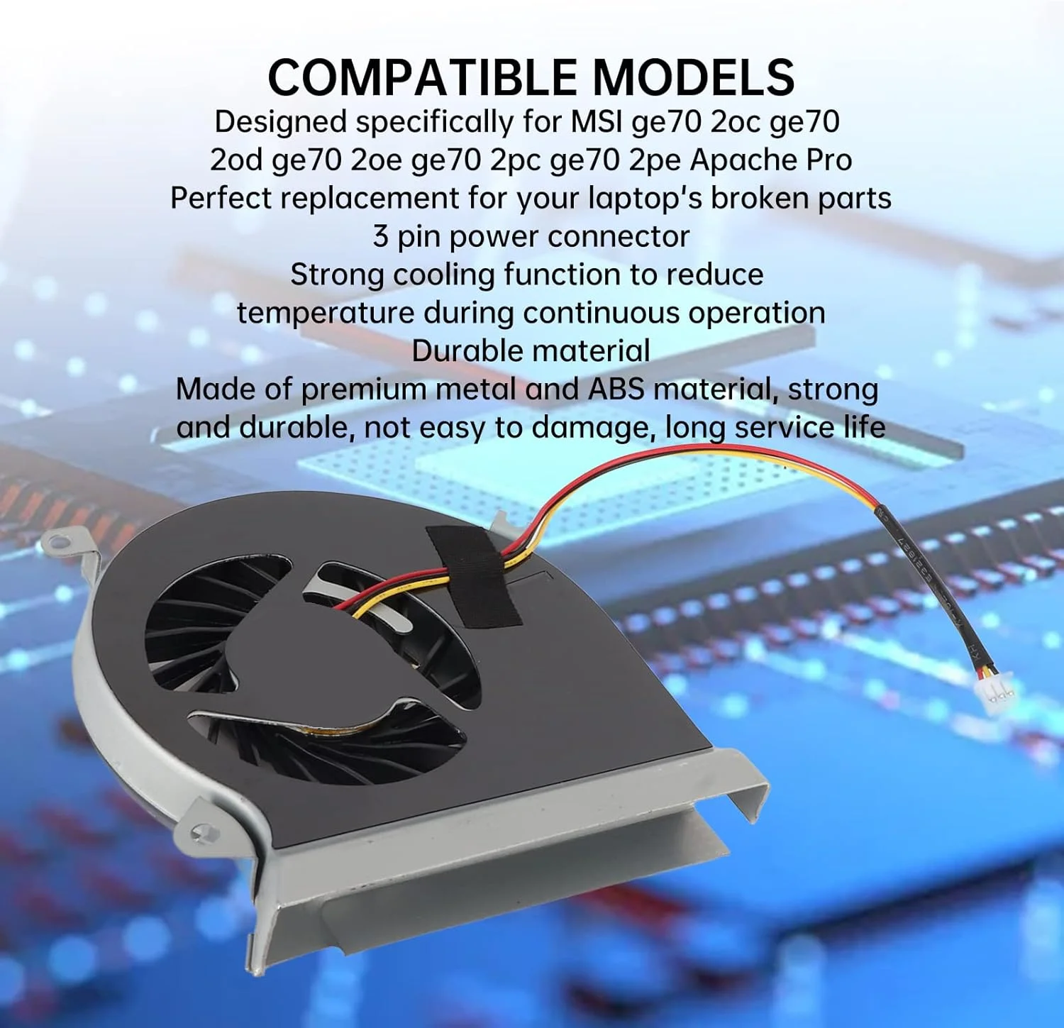 خنک کننده بادی پردازنده برای MSI Ge70 2oc Ge70 2od Ge70 2oe Ge70 2pc Ge70 2pe Apache Pro، فن خنک کننده پردازنده لپ تاپ، فن 3 پین پردازنده، برای لوازم جانبی کامپیوتر MSI