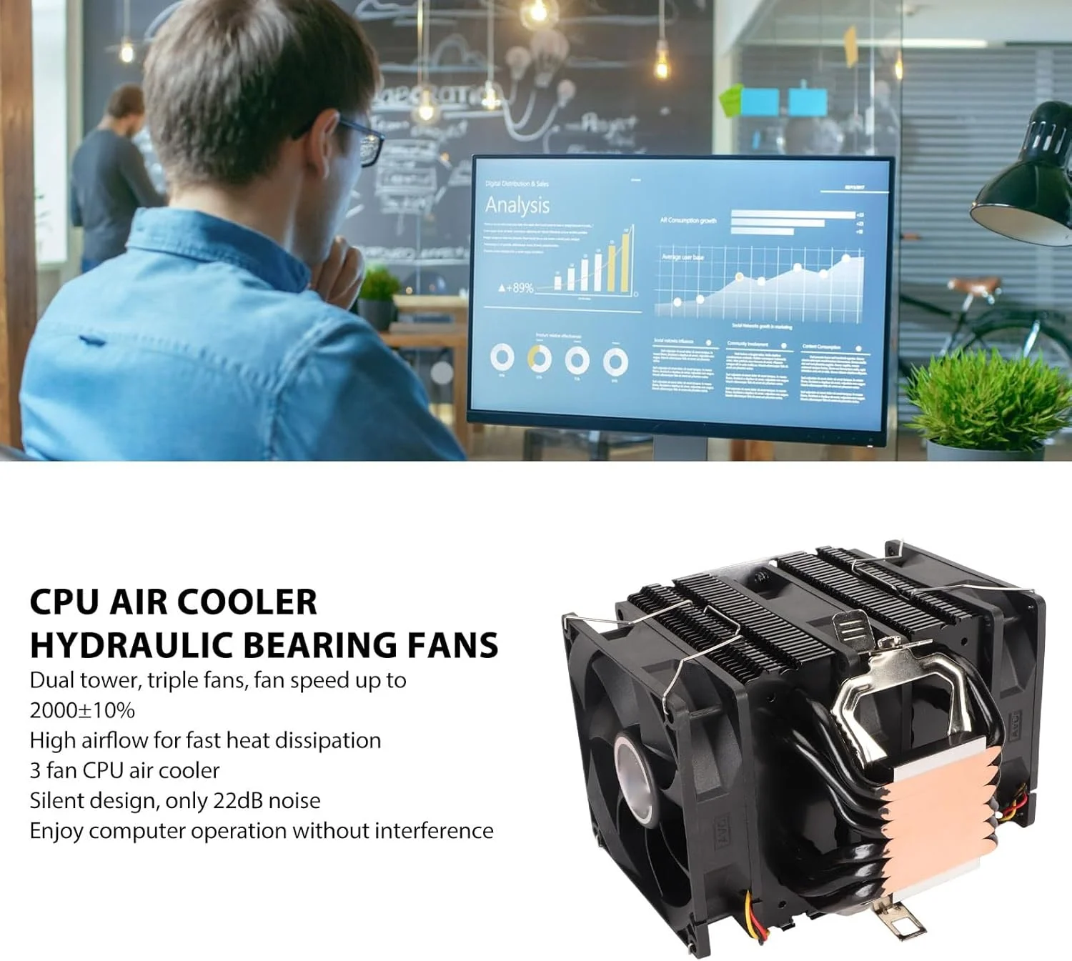 خنک کننده پردازنده دو برج، 6 لوله حرارتی، خنک کننده هیدرولیک 3 فن، طراحی بی صدا، فن های خنک کننده پردازنده کامپیوتر برای