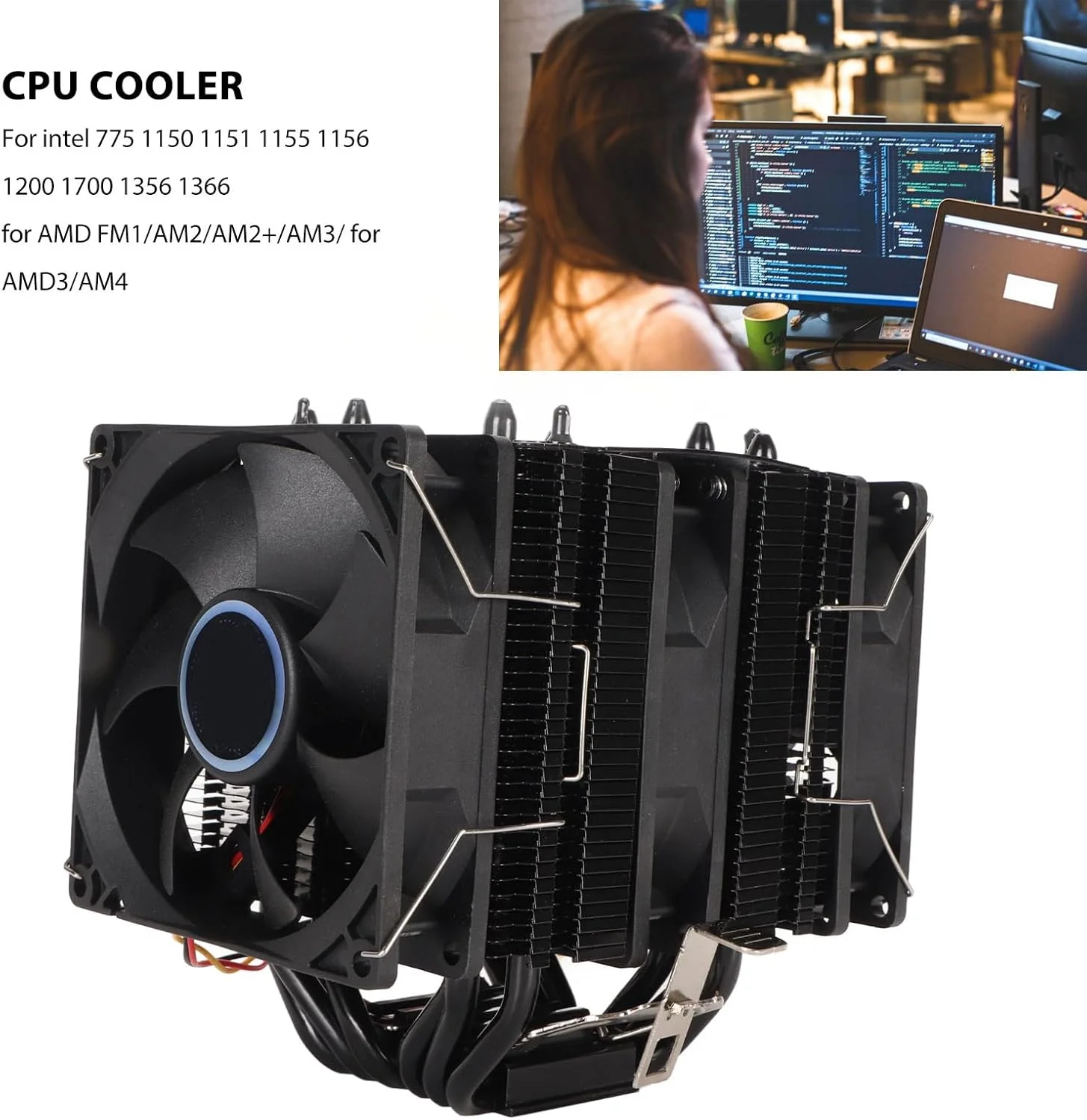 خنک کننده پردازنده دو برج، 6 لوله حرارتی، خنک کننده هیدرولیک 3 فن، طراحی بی صدا، فن های خنک کننده پردازنده کامپیوتر برای