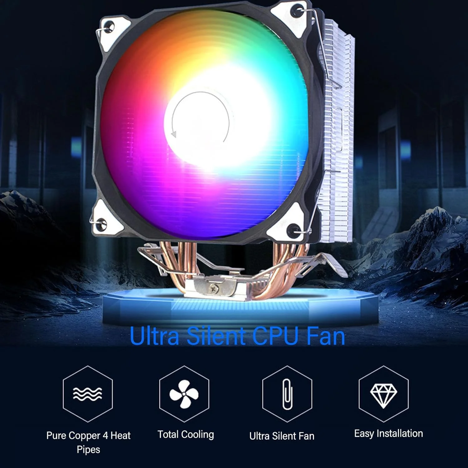 خنک کننده بادی پردازنده، 4 لوله حرارتی، خنک کننده پردازنده 12 میلی متری RGB با نویز کم، 48CFM، برای LGA 775/1150/1151/1155/1156/1200/1700/1356/1366، AM4 AM3 AM2