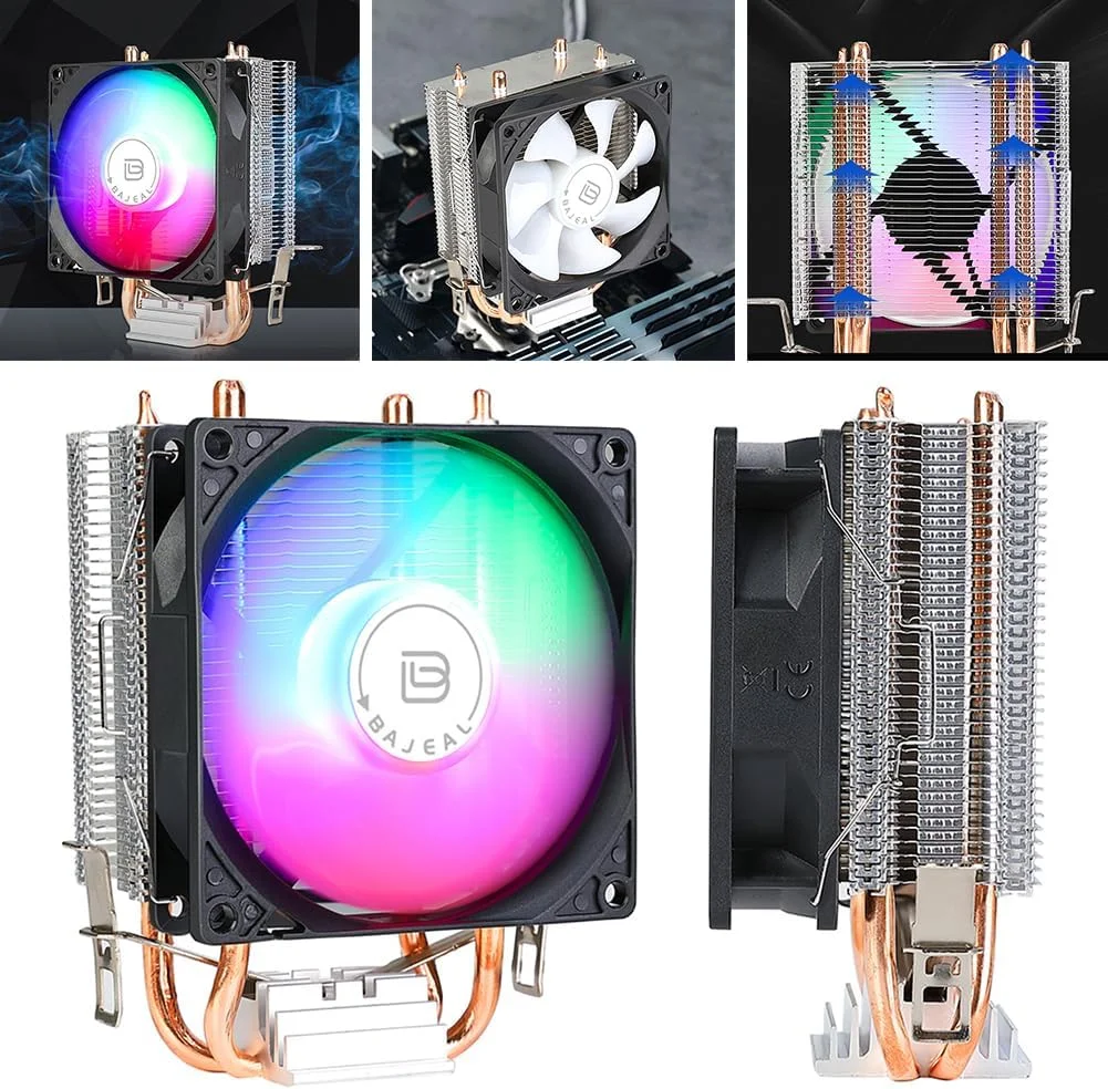 خنک کننده پردازنده 90 میلی متری با 2 لوله حرارتی، فن خنک کننده بادی پردازنده 3 پین بی صدا با نور رنگین کمانی RGB برای LGA775 1150/1151/1155/1156/1200 AM2 خنک کننده پردازنده 90 میلی متری با 2 لوله حرارتی، فن خنک کننده بادی پردازنده 3 پین بی صدا با نور رنگین کمانی RGB برای LGA775 1150/1151/1155/1156/1200 AM2