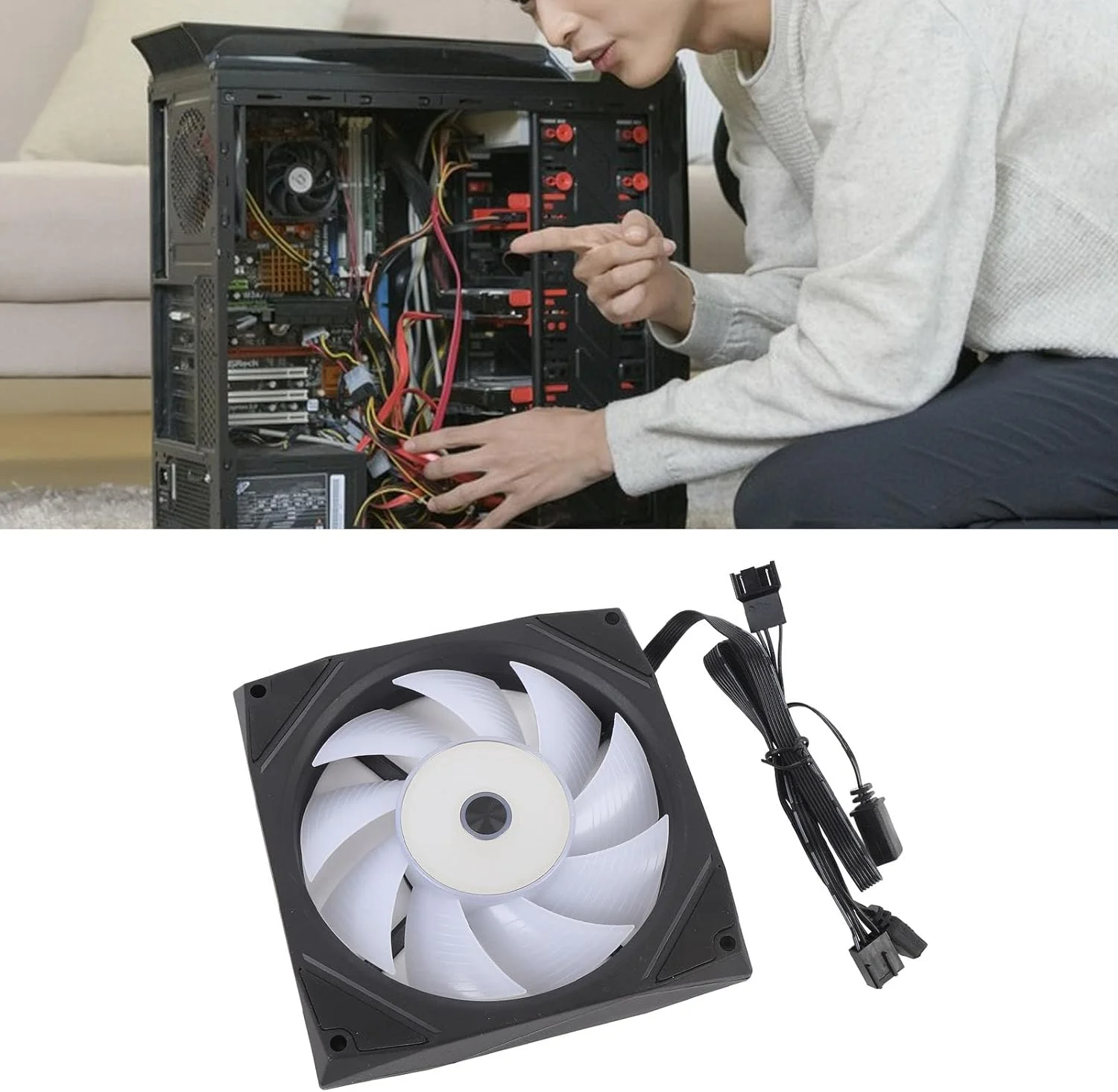 فن کیس کامپیوتر، فن 120 میلی متری خنک کننده پردازنده، 9 پره ARGB با نورپردازی هماهنگ، فن پردازنده کم صدا 4 پین PWM 5 ولت 3 پین 800 دور در دقیقه تا 1800 دور در دقیقه، فن خنک کننده بی صدا پردازنده برای جایگزینی (مشکی)