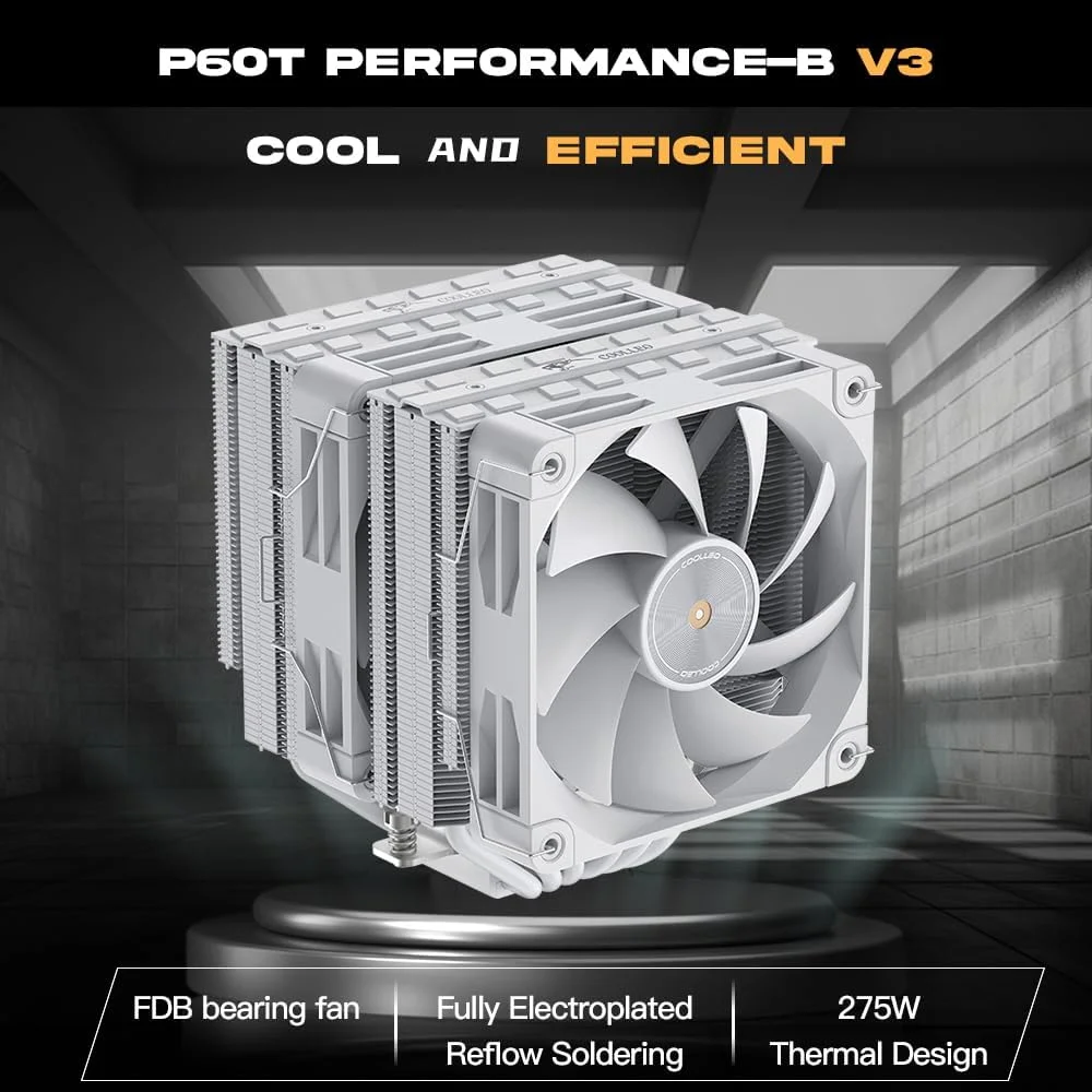خنک کننده بادی پردازنده COOLLEO P60T V3 نسخه سفید، فن دو برج تقویت کننده بلبرینگ FDB PWM 1600RPM 275W TDP برای AMD AM4/AM5 و Intel LGA 115X/1200/1700