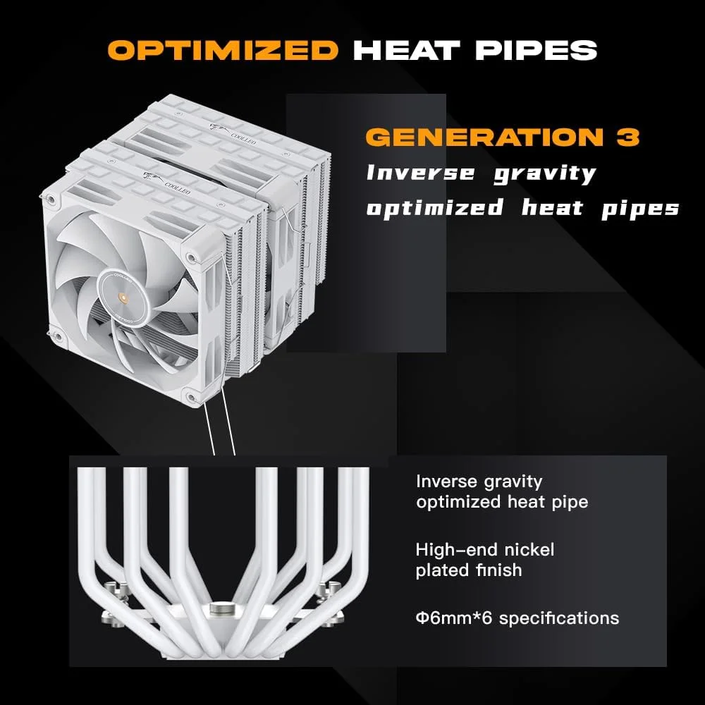 خنک کننده بادی پردازنده COOLLEO P60T V3 نسخه سفید، فن دو برج تقویت کننده بلبرینگ FDB PWM 1600RPM 275W TDP برای AMD AM4/AM5 و Intel LGA 115X/1200/1700