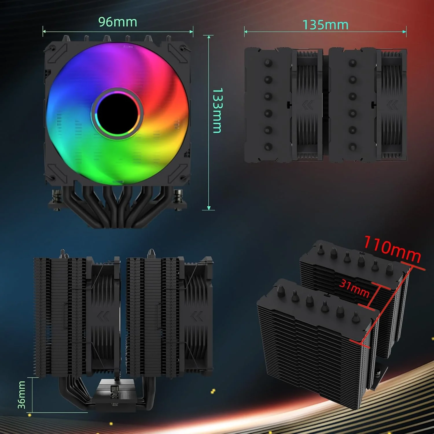 خنک کننده پردازنده DS2000V6 با 6 لوله حرارتی و دو فن پردازنده (2300 دور در دقیقه) - خنک کننده با عملکرد بالا برای Intel LGA1700/1200/115X و AMD AM5/AM4، خنک کننده جهانی پردازنده، خنک کننده کیس کامپیوتر - مشکی