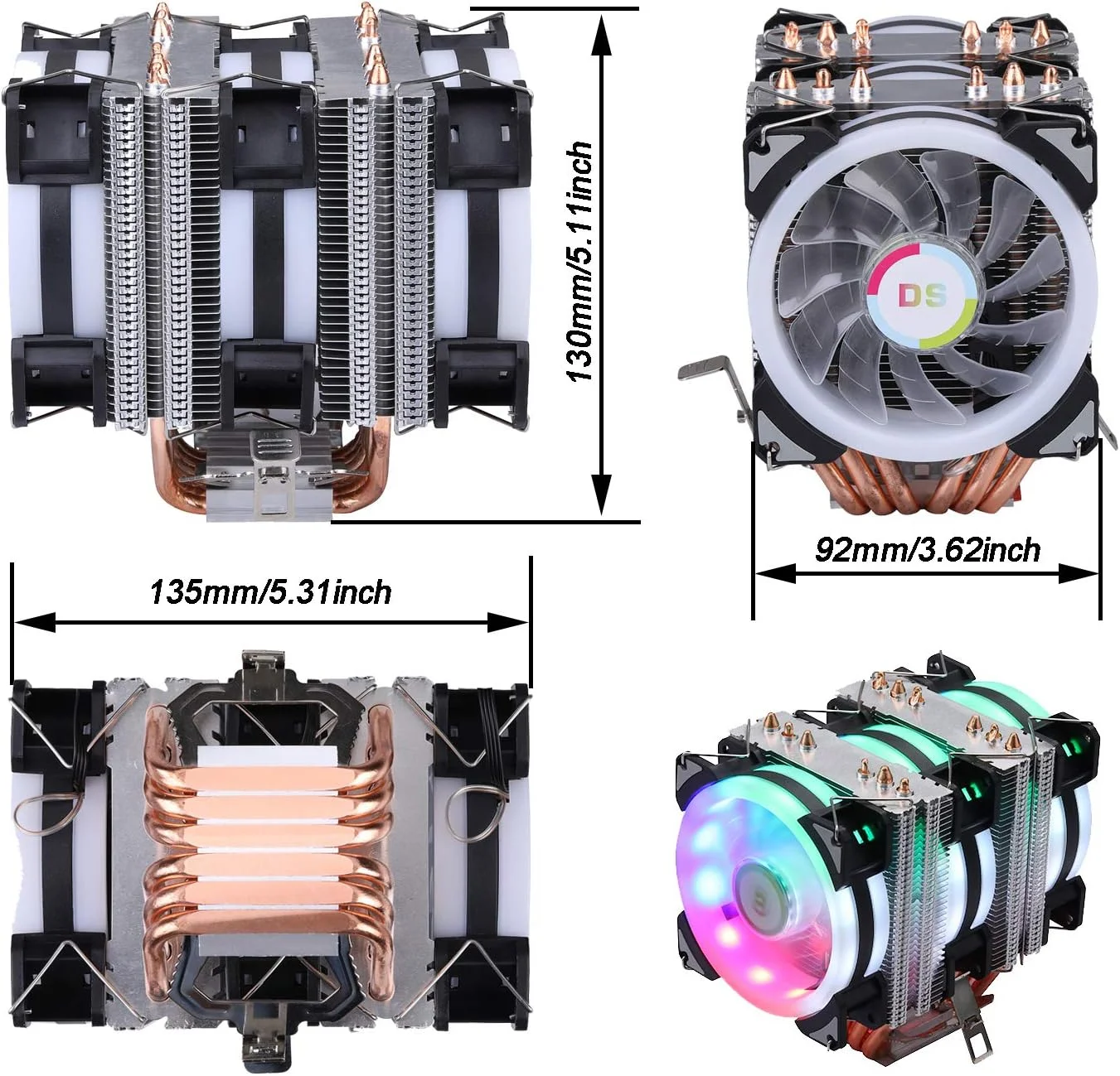 خنک کننده پردازنده با 6 لوله حرارتی و فن های 90 میلی متری، رادیاتور فن PWM برای اینتل LGA 1366 1155 1156 2011 1200 و AM4 (3 عدد فن RGB، سری C)