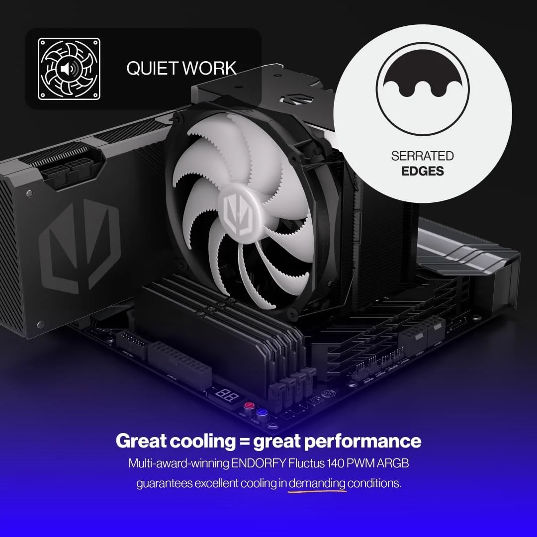 خنک کننده پردازنده ENDORFY Fortis 5 Black ARGB با فن 140 میلی متری، خنک کننده با عملکرد بالا، نورپردازی LED ARGB روشن، فن 140 میلی متری ARGB Fluctus، خنک کننده AM4، خنک کننده پردازنده AM5، AM5، AM4، LGA1700، LGA1200