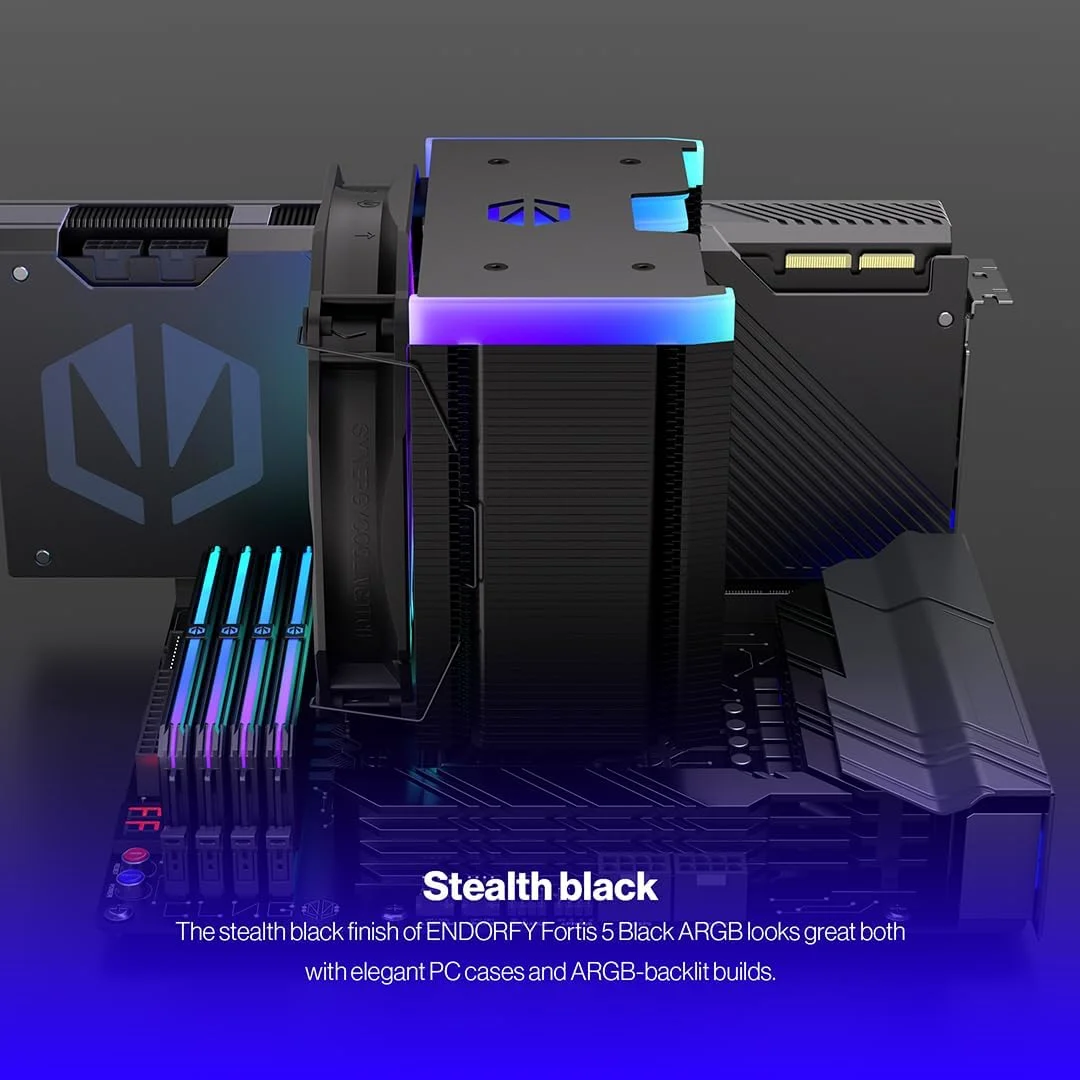 خنک کننده پردازنده ENDORFY Fortis 5 Black ARGB با فن 140 میلی متری، خنک کننده با عملکرد بالا، نورپردازی LED ARGB روشن، فن 140 میلی متری ARGB Fluctus، خنک کننده AM4، خنک کننده پردازنده AM5، AM5، AM4، LGA1700، LGA1200