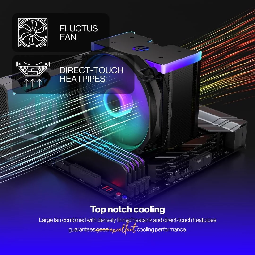 خنک کننده پردازنده ENDORFY Fortis 5 Black ARGB با فن 140 میلی متری، خنک کننده با عملکرد بالا، نورپردازی LED ARGB روشن، فن 140 میلی متری ARGB Fluctus، خنک کننده AM4، خنک کننده پردازنده AM5، AM5، AM4، LGA1700، LGA1200