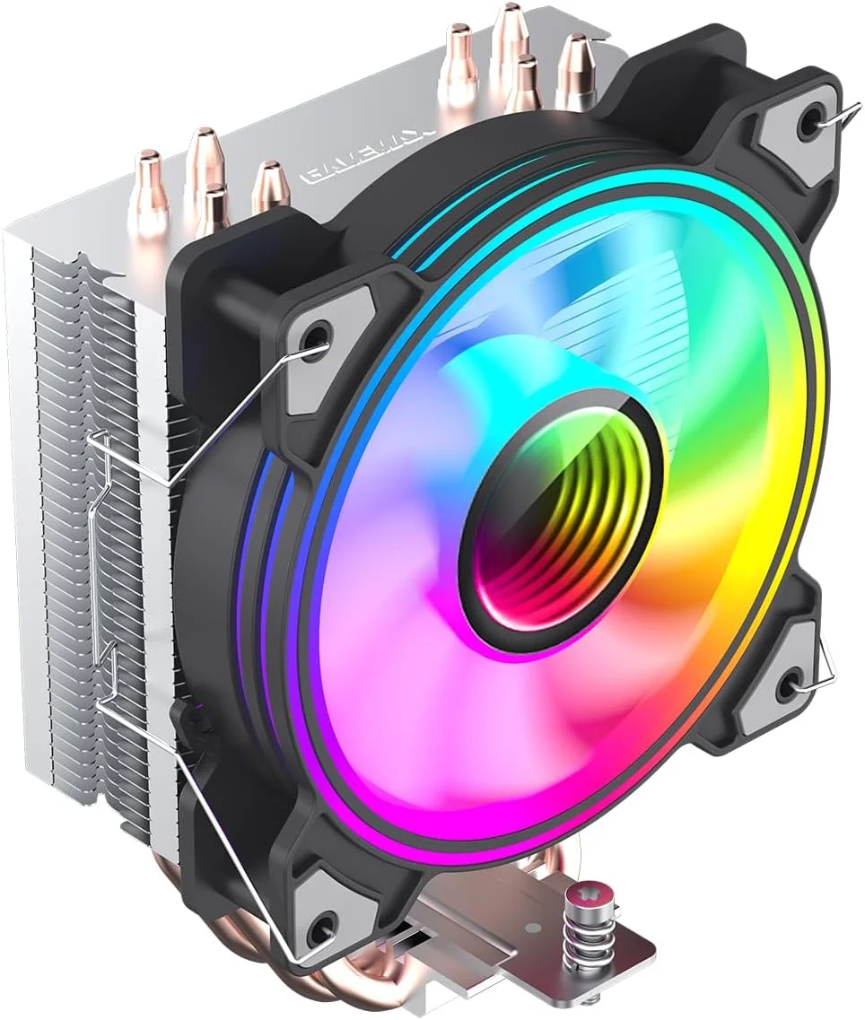 خنک کننده پردازنده گیم مکس مدل Ice Blade با توان حرارتی 190W TDP، دارای 4 لوله حرارتی مسی 6 میلی متری و هیت سینک آلومینیومی، فن 120 میلی متری ARGB دو حلقه ای PWM Infinity برای سوکت های Intel و AMD | مشکی/کروم