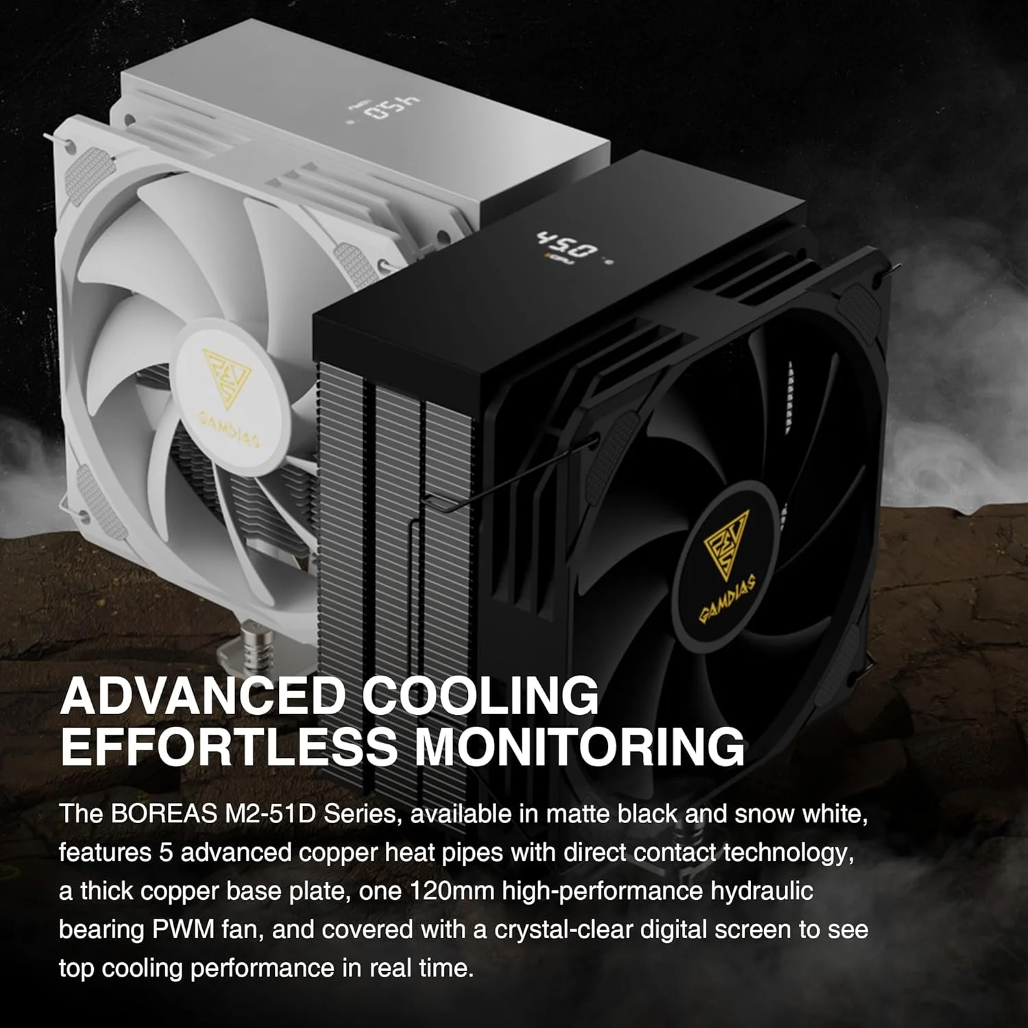 خنک کننده بادی پردازنده GAMDIAS Boreas M2-51D، دارای نمایشگر دیجیتال بلادرنگ، 5 لوله حرارتی مسی، هیت سینک آلومینیومی، فن 120 میلی متری PWM کم صدا، آماده نرم افزار، برای AMD AM5/AM4؛ Intel LGA 1851/1700، مشکی