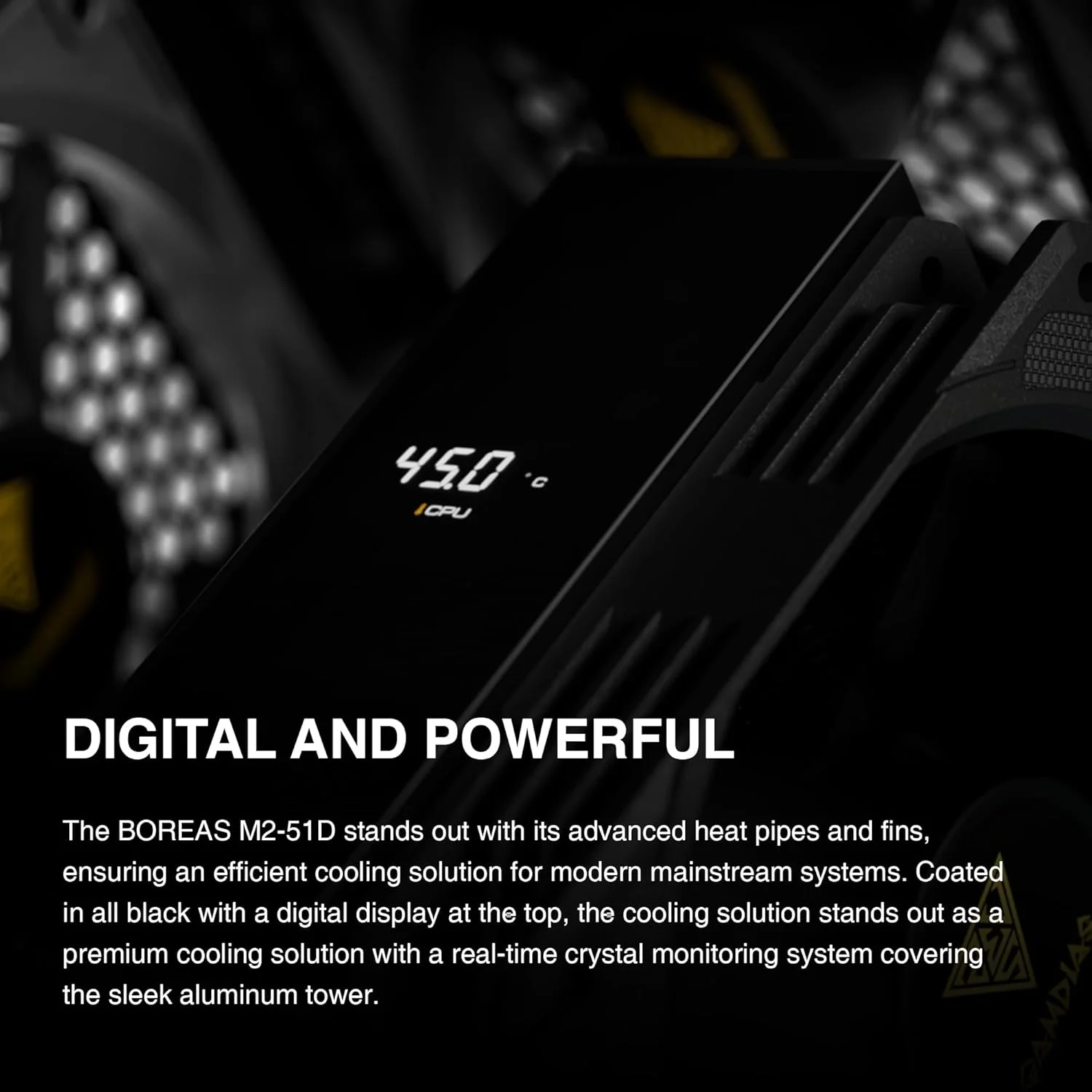 خنک کننده بادی پردازنده GAMDIAS Boreas M2-51D، دارای نمایشگر دیجیتال بلادرنگ، 5 لوله حرارتی مسی، هیت سینک آلومینیومی، فن 120 میلی متری PWM کم صدا، آماده نرم افزار، برای AMD AM5/AM4؛ Intel LGA 1851/1700، مشکی