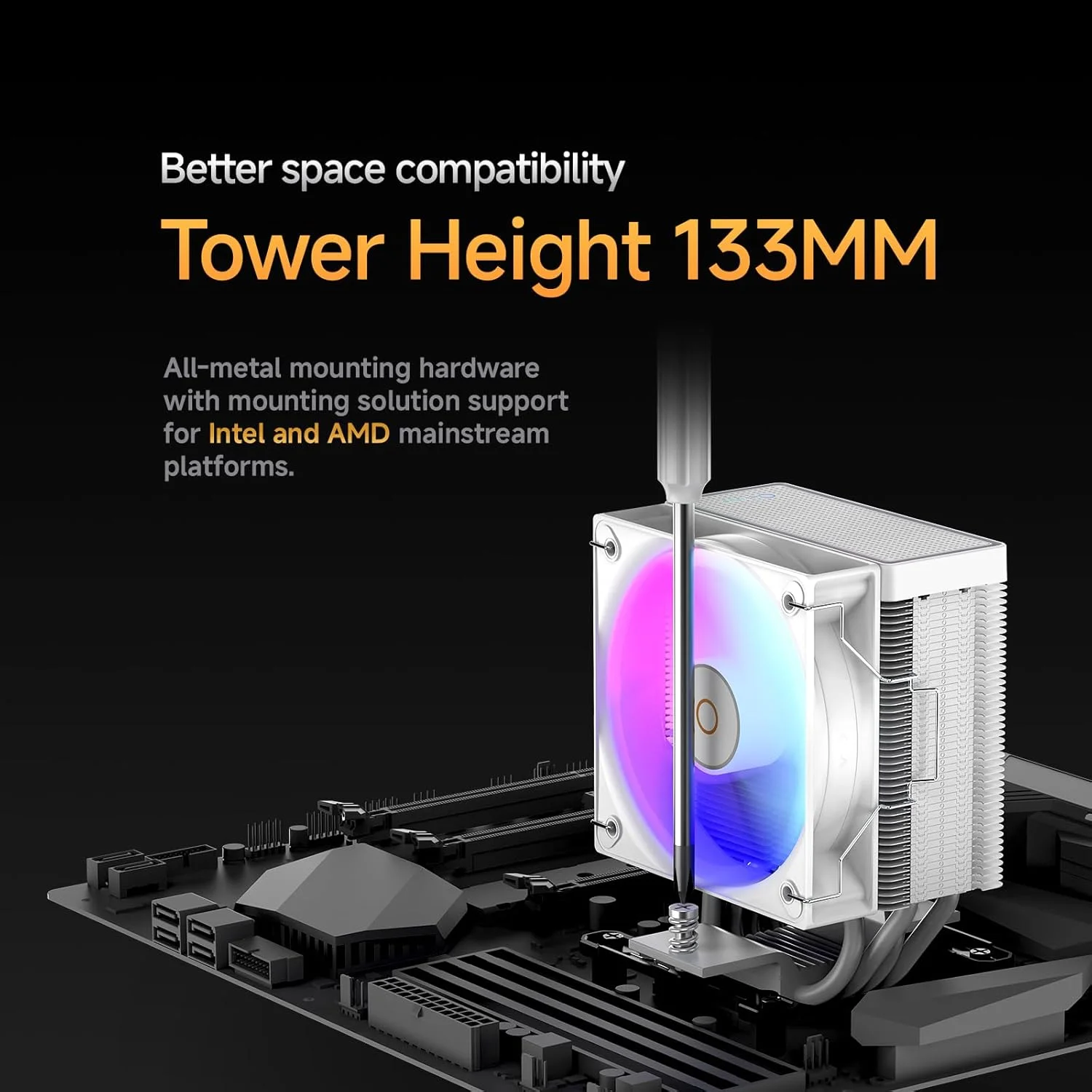 خنک کننده پردازنده کامپیوتر گاما A40 ARGB WH، فن PWM 100 میلی‌متری، ارتفاع 133 میلی‌متری، تک برج، 4 لوله حرارتی مسی، عملکرد ARGB، پوشش بالایی فانتزی، برای Intel LGA 115X/1200/1700/1851 و AMD AM4/AM5