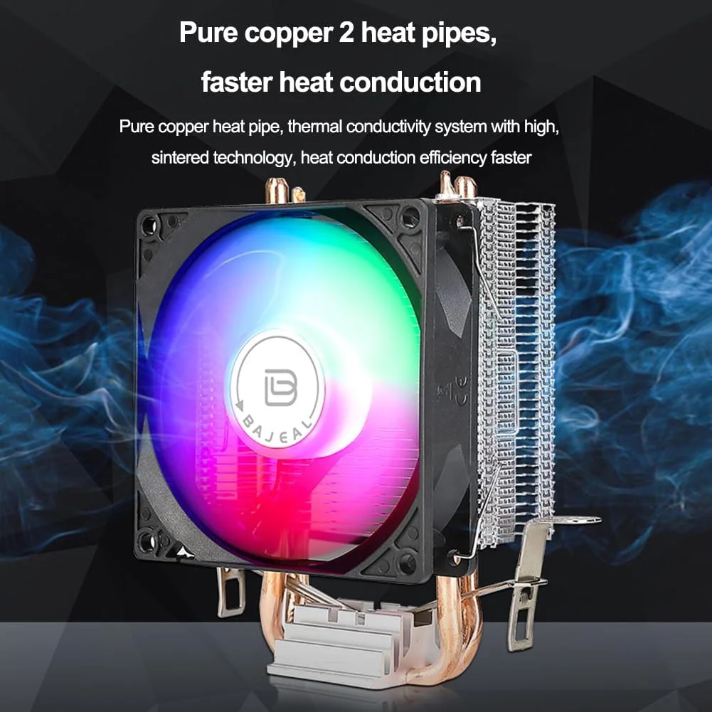 خنک کننده بادی پردازنده 90 میلی متری با 2 لوله حرارتی، فن خنک کننده بی صدا رنگین کمانی RGB، فن خنک کننده پردازنده 3 پین برای LGA775 1150/1151/1155/1156/1200 AM2