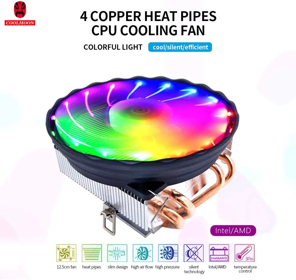 خنک کننده پردازنده V4 با 4 لوله حرارتی مسی و فن خنک کننده بی صدا و رنگارنگ 3 پین، جایگزینی برای Intel LGA 775/1150/1155/1156/1151/1366 AM2/3/4 FM1/FM2