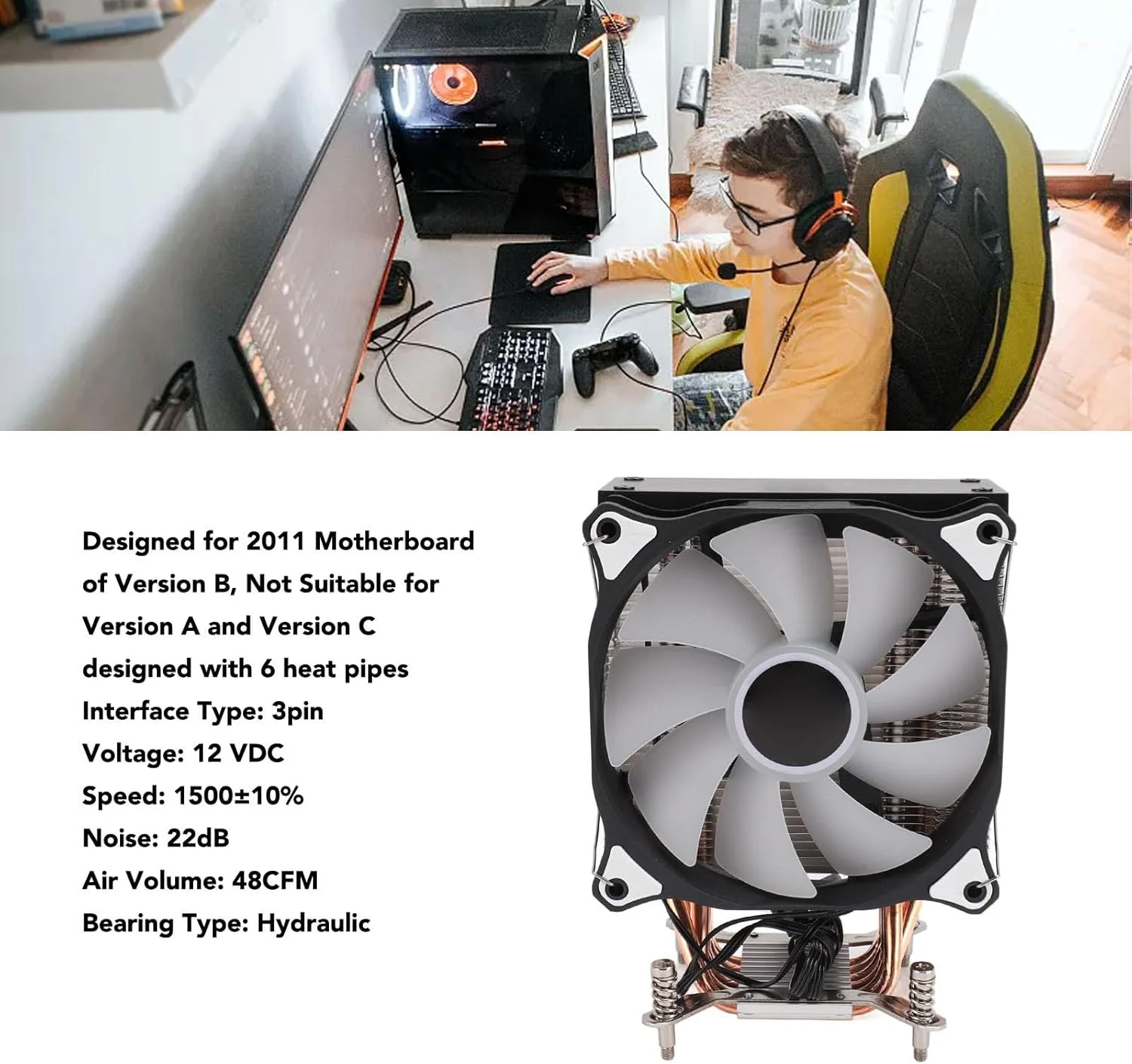 خنک کننده بادی پردازنده، 12 سانتی متری، دارای 6 لوله حرارتی، 3 پین، فن خنک کننده RGB ممتاز، 12 ولت DC، 1500 دور در دقیقه، خنک کننده پردازنده با بلبرینگ هیدرولیک کم صدا برای مادربرد 2011 نسخه B