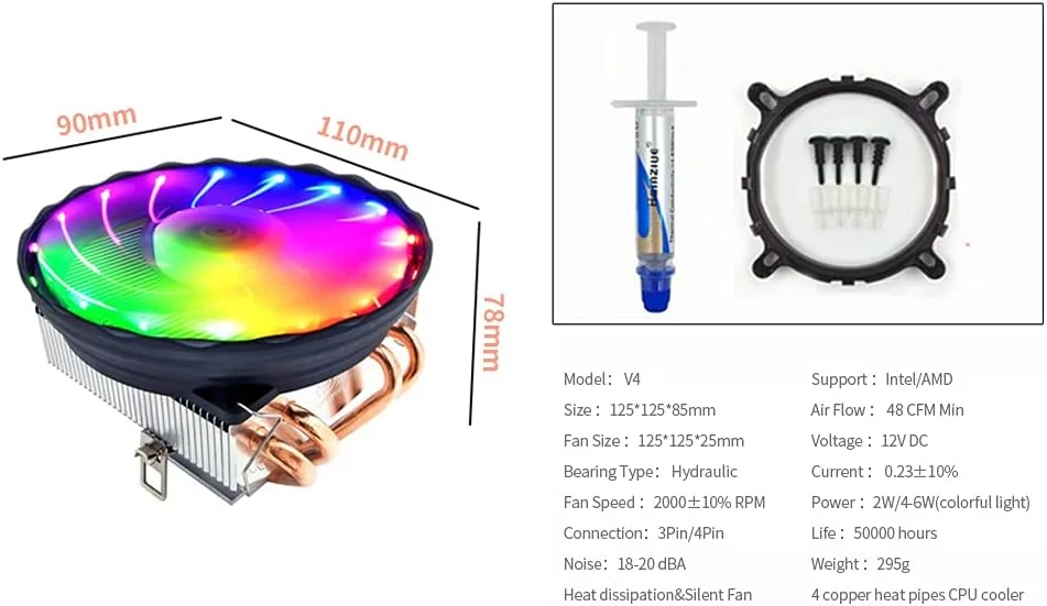 خنک کننده پردازنده Graflsoa V4 با 4 لوله حرارتی مسی، فن خنک کننده بی صدا و رنگارنگ 3 پین، جایگزین برای Intel LGA 775/1150/1155/1156/1151/1366 AM2/3/4 FM1/FM2