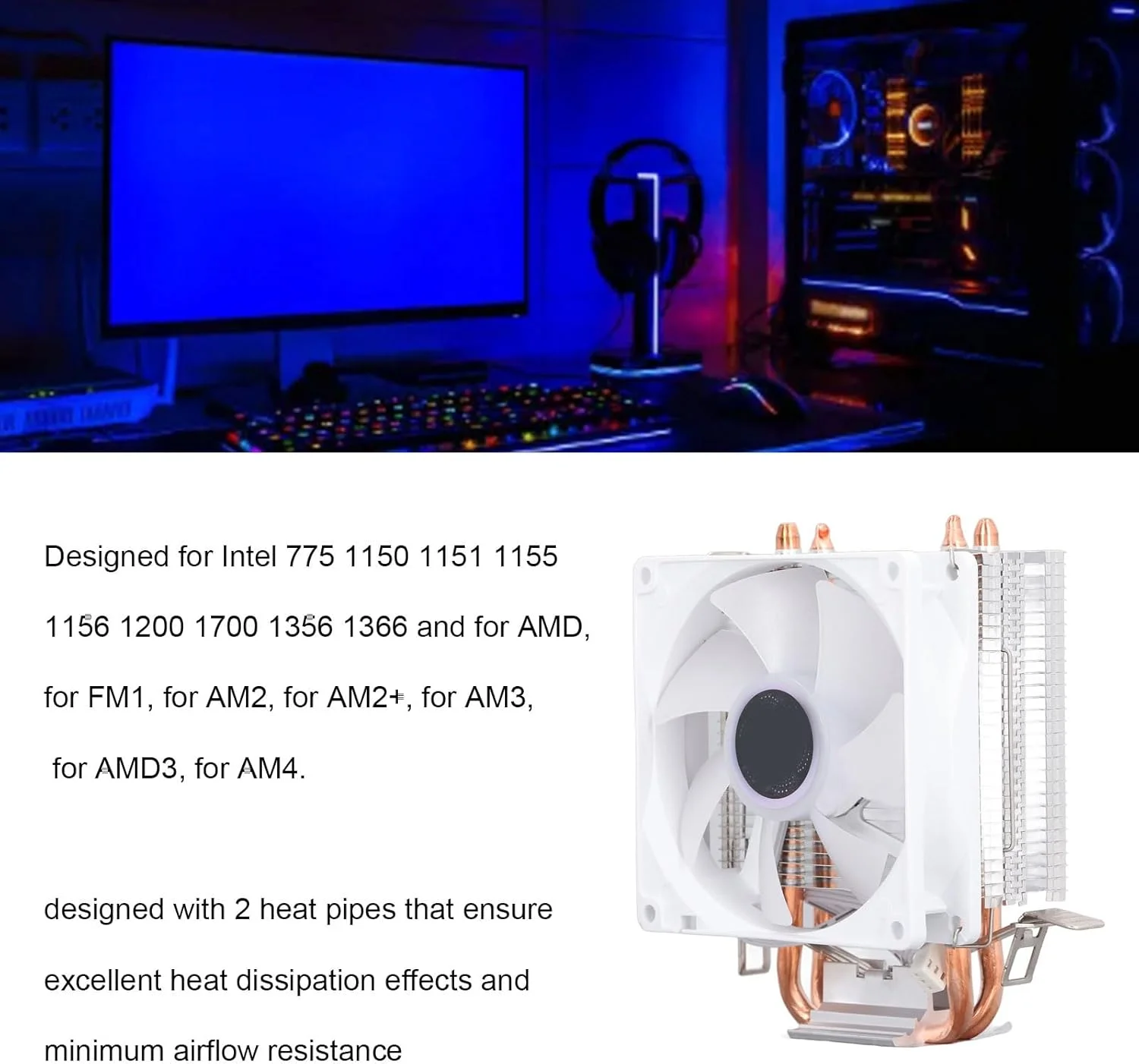 فن خنک کننده پردازنده 90 میلی متری RGB با هیت سینک، فن خنک کننده پردازنده 3 پین با 2 لوله حرارتی به همراه براکت، فن خنک کننده بادی پردازنده با سرعت 2000±10% برای سوکت