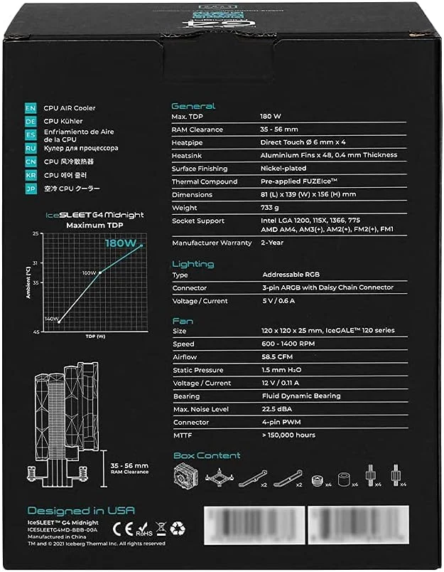خنک کننده پردازنده بادی تمام مشکی Iceberg Thermal G4 Midnight با 4 لوله حرارتی نیکل اندود و فن 120 میلی متری PWM ARGB برای اینتل و AMD (نسخه محدود)