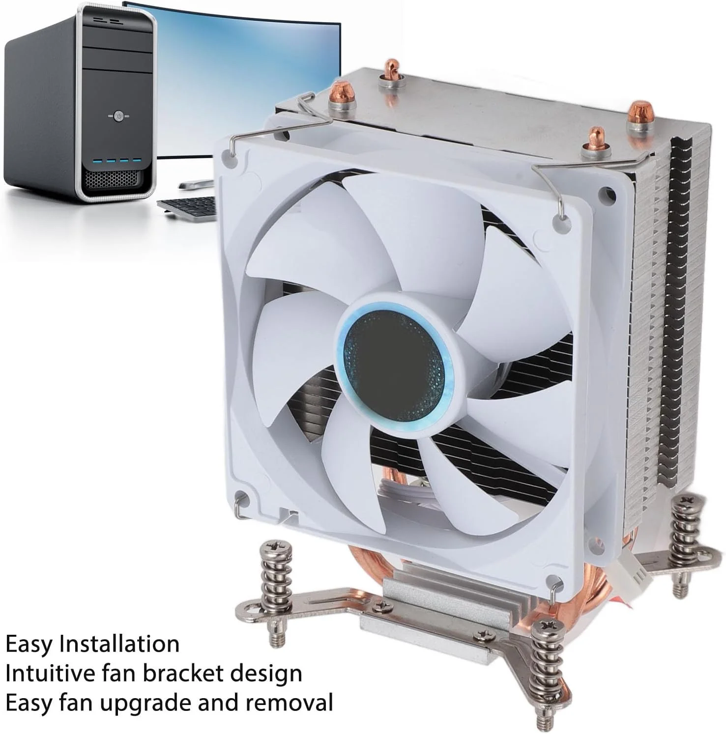 فن خنک کننده پردازنده با 2 لوله حرارتی، بی صدا، 3 پین هیدرولیک، خنک کننده بادی پردازنده کامپیوتر با قاب سفید، اتلاف حرارت کارآمد، سرعت بالا، طراحی بی صدا، نصب آسان، مناسب