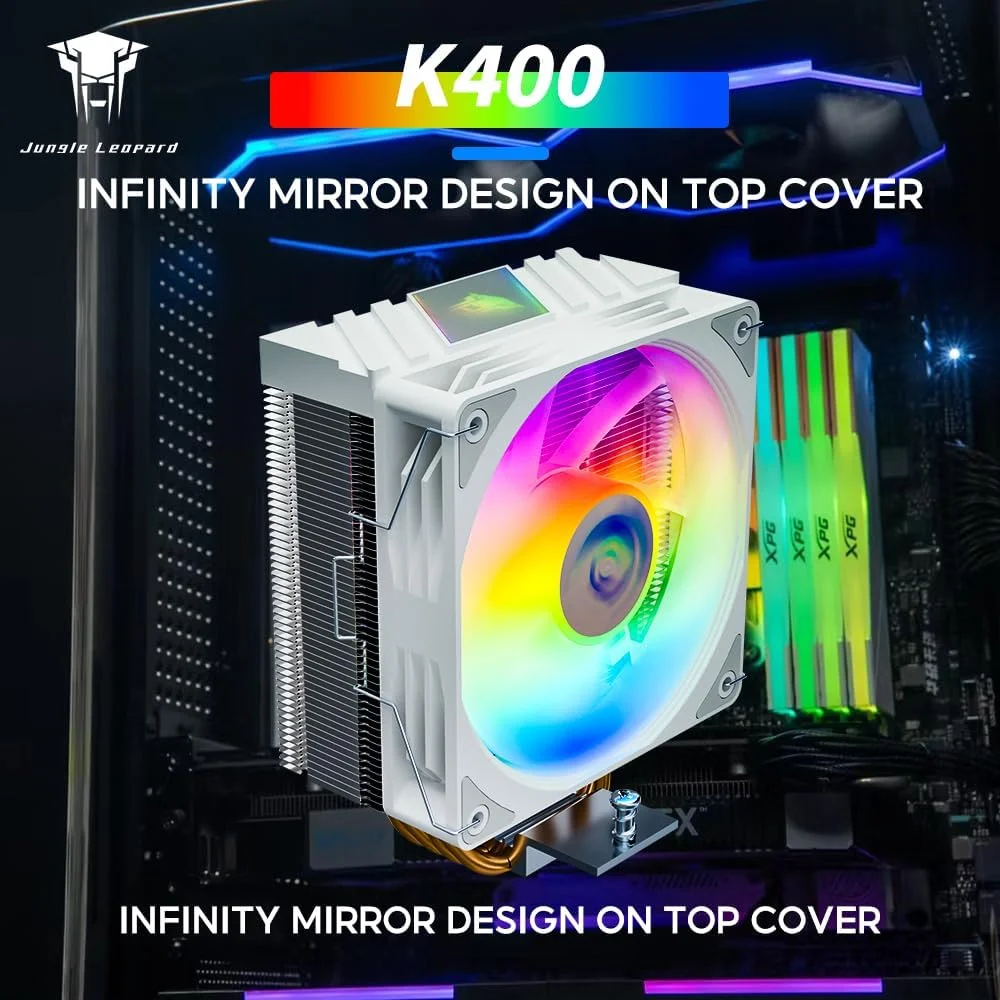 فن خنک کننده پردازنده جنگل لئوپارد K400 | خنک کننده بادی با کارایی بالا با 4 لوله حرارتی مستقیم و نورهای RGB | فن 120 میلی متری PWM، 800-1800 دور در دقیقه، سازگار فقط با اینتل LGA 1700/1200/115X/1366/2011/2066 (سفید)
