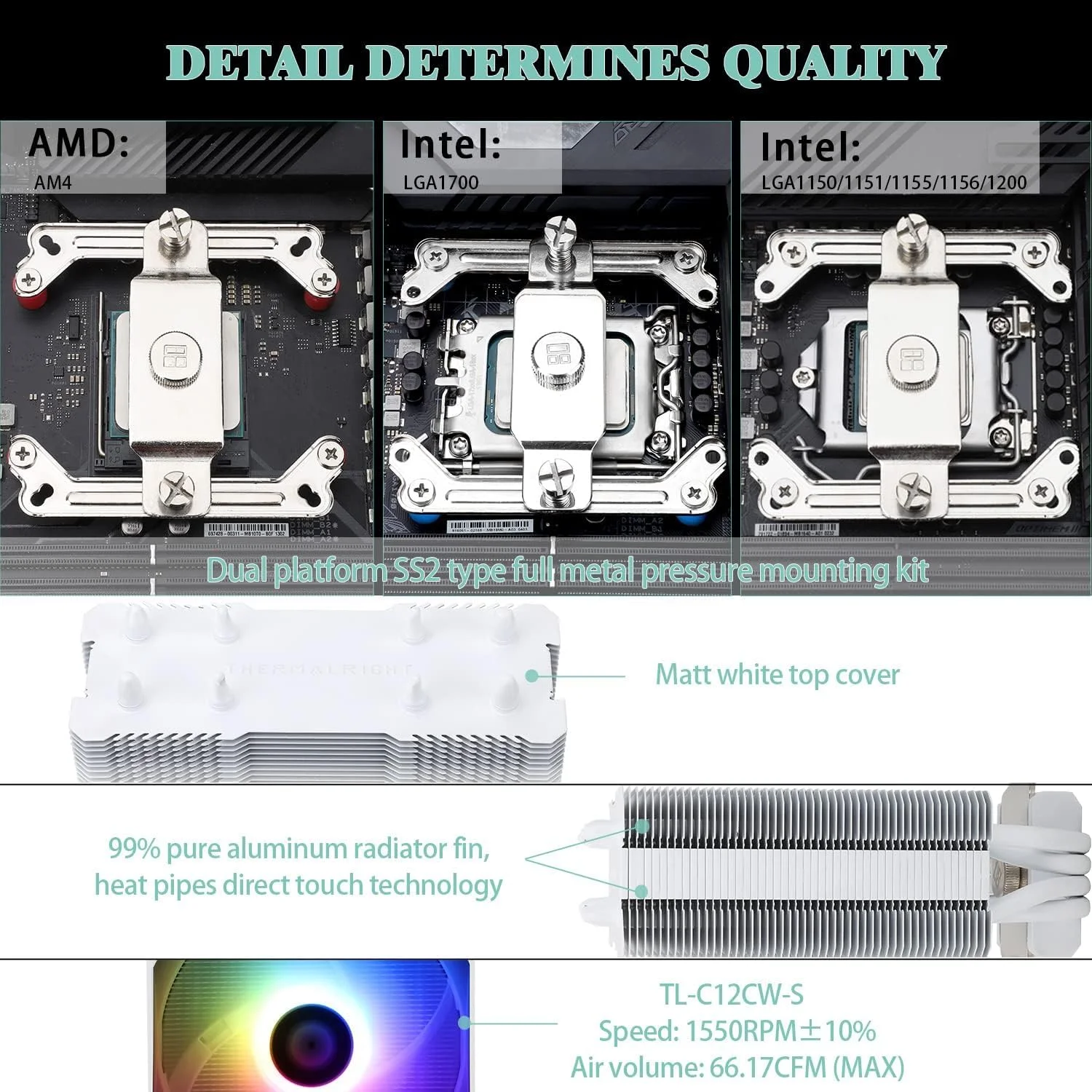 خنک کننده بادی پردازنده KASTWAVE AssassinX120 SE ARGB سفید، خنک کننده پردازنده، AX120 SE ARGB، 4 لوله حرارتی، فن PWM بی صدا TL-C12CW-S، با بلبرینگ S-FDB، برای AMD AM4/AM5 Intel LGA 1700/1150/1151/1200