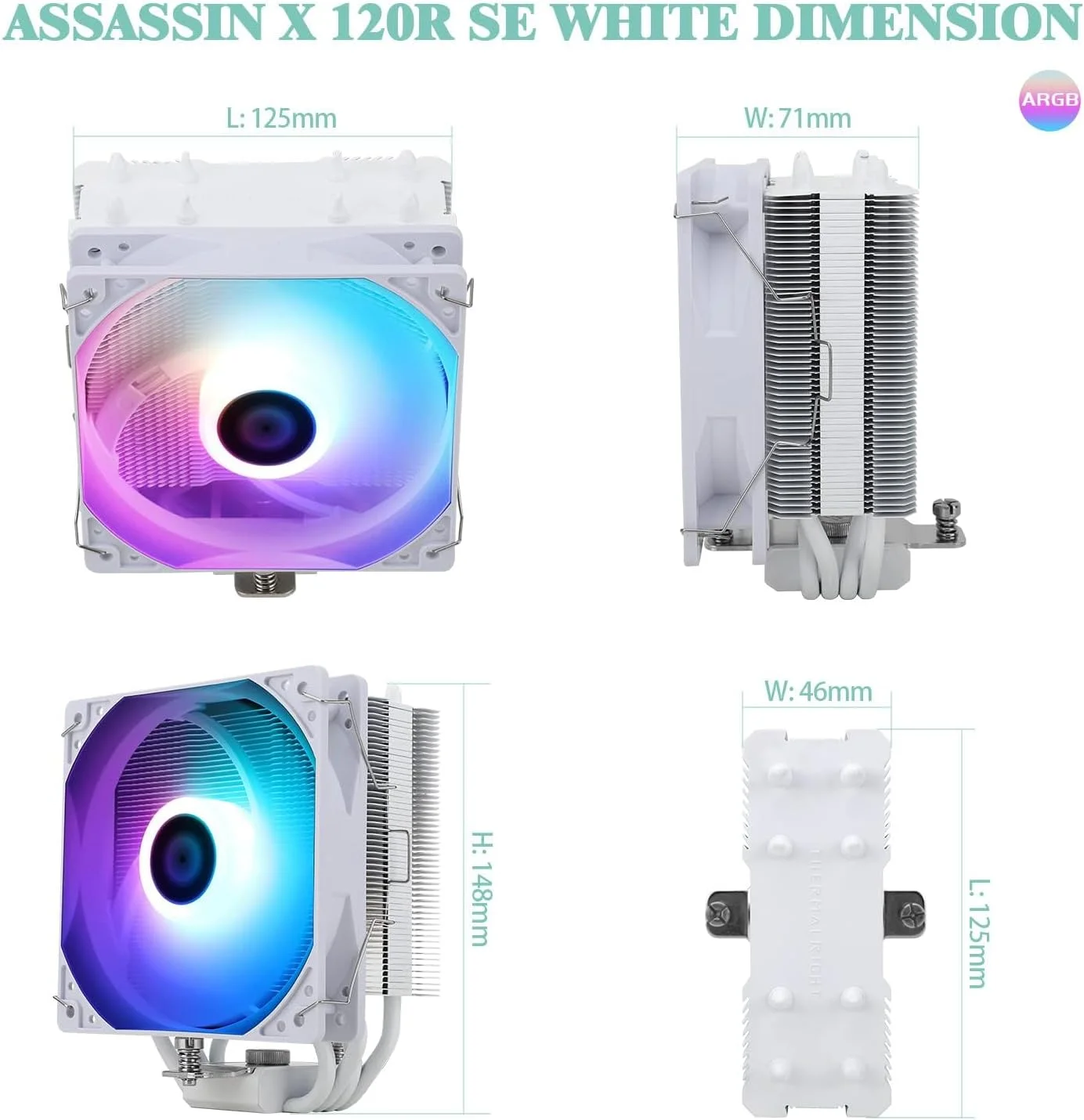 خنک کننده بادی پردازنده KASTWAVE AssassinX120 SE ARGB سفید، خنک کننده پردازنده، AX120 SE ARGB، 4 لوله حرارتی، فن PWM بی صدا TL-C12CW-S، با بلبرینگ S-FDB، برای AMD AM4/AM5 Intel LGA 1700/1150/1151/1200