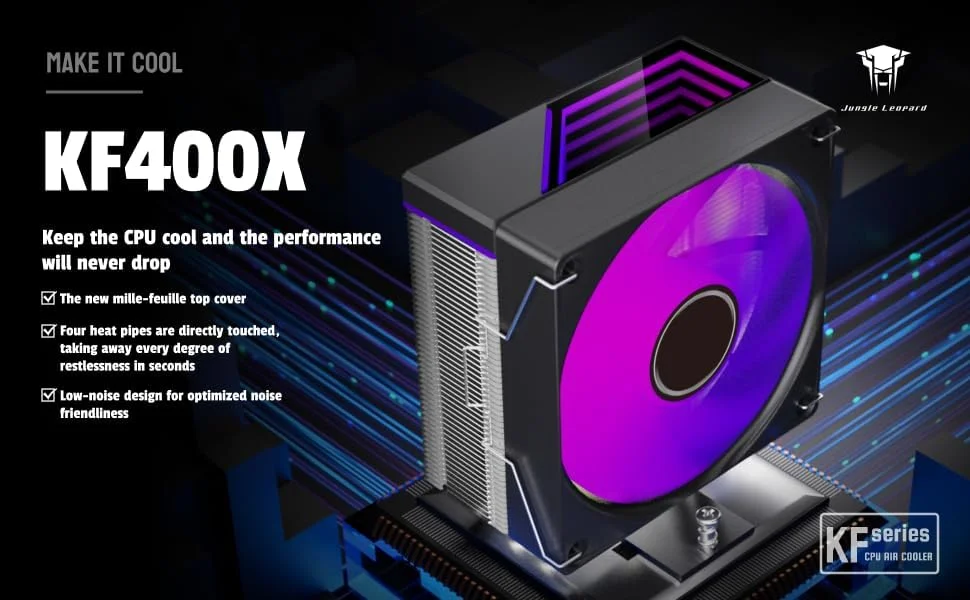 خنک‌کننده پردازنده بادی جنگل لئوپارد KF400X RGB | توان حرارتی 230 وات، 4 لوله حرارتی، فن PWM با نور RGB، سازگار با اینتل و AMD (AM4/AM5, 115X/1200/1700)