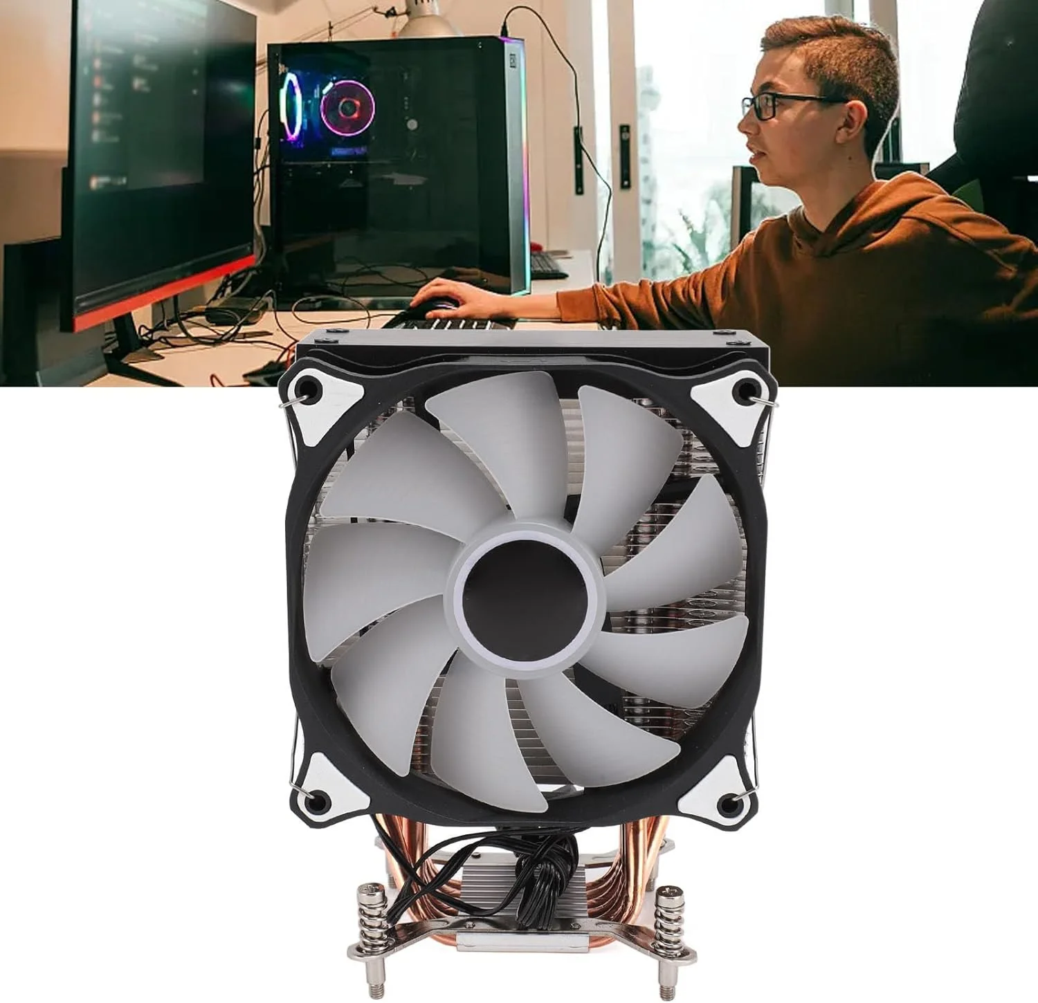 فن خنک کننده پردازنده کیکومی 4.72 اینچی با 6 لوله حرارتی، 3 پین 12 ولت DC، 1500 دور در دقیقه، بلبرینگ هیدرولیک و نورهای رنگارنگ برای مادربرد