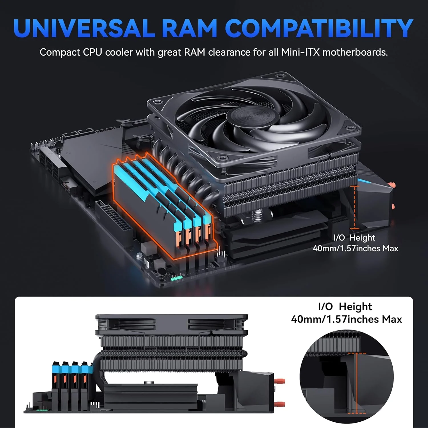 خنک کننده پردازنده کم ارتفاع: خنک کننده بادی پردازنده با ارتفاع ۷۵ میلی متر، ۸ لوله حرارتی، فن باریک ۱۲۰x۱۲۰x۱۵ میلی متر، فن پردازنده برای Intel LGA۱۷۰۰/۱۱۵X/۱200; AMD AM۴/AM۵