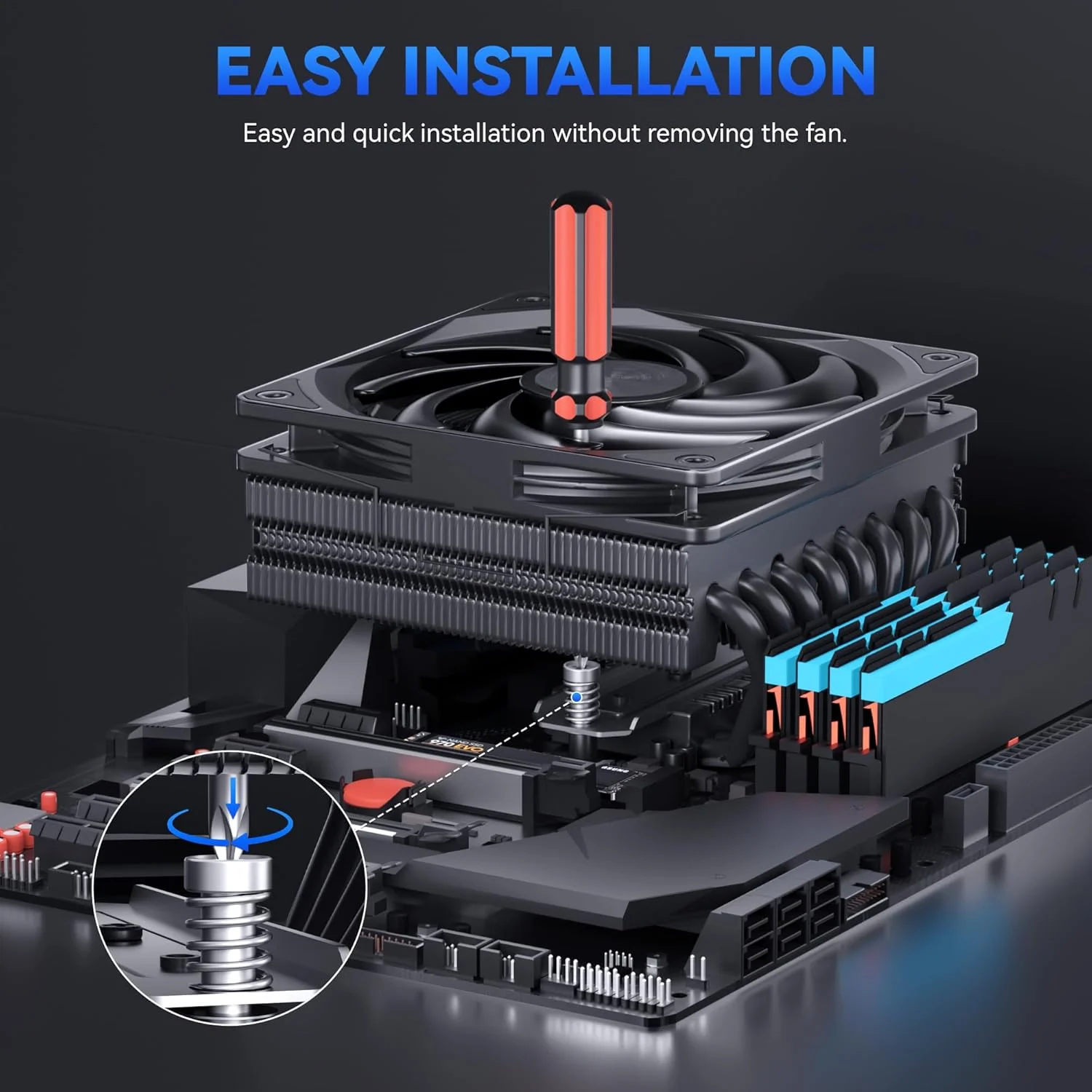 خنک کننده پردازنده کم ارتفاع: خنک کننده بادی پردازنده با ارتفاع ۷۵ میلی متر، ۸ لوله حرارتی، فن باریک ۱۲۰x۱۲۰x۱۵ میلی متر، فن پردازنده برای Intel LGA۱۷۰۰/۱۱۵X/۱200; AMD AM۴/AM۵