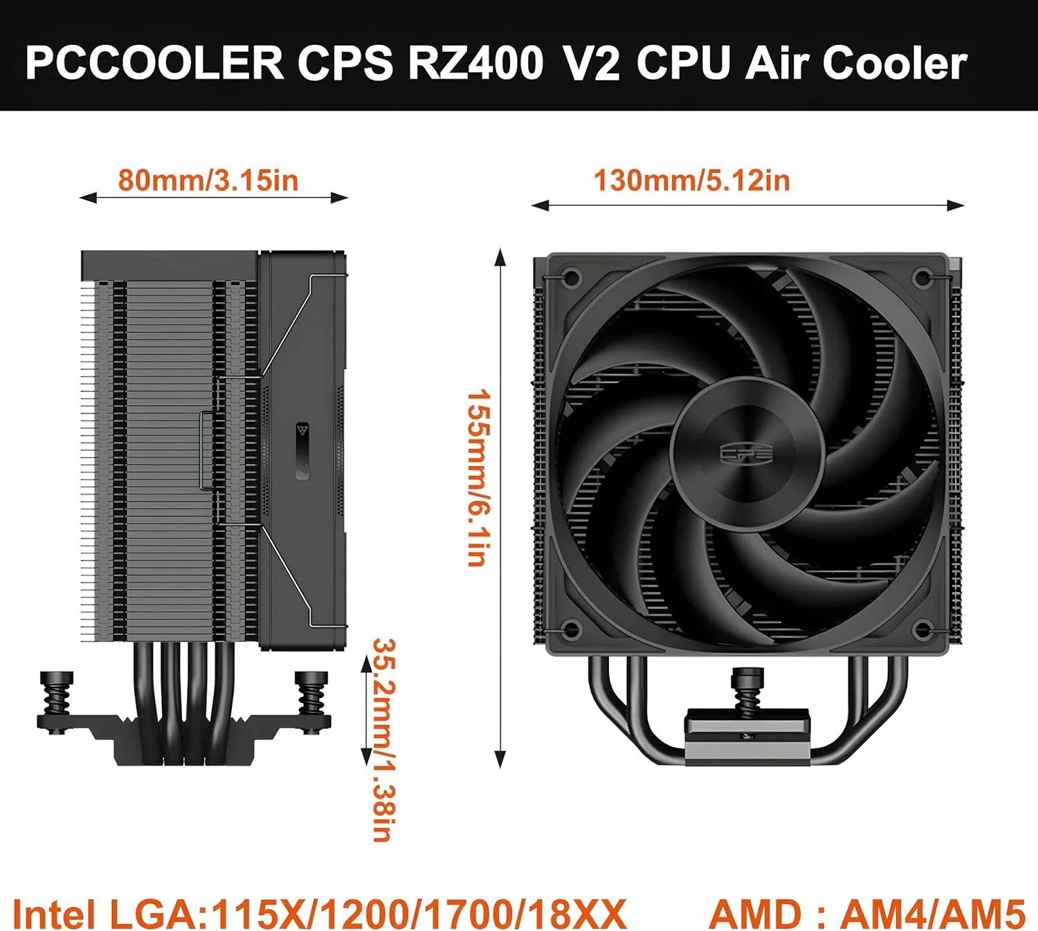 خنک کننده پردازنده PCCOOLER RZ400 V2 TDP 180W، خنک کننده بادی پردازنده تک برج، فن پردازنده 4 لوله حرارتی، سیستم خنک کننده پردازنده، سه حالت فن های PWM بی صدا، نصب آسان خنک کننده بادی برای Intel LGA 115X/1700، AM4/AM5 (RZ400V2BK)