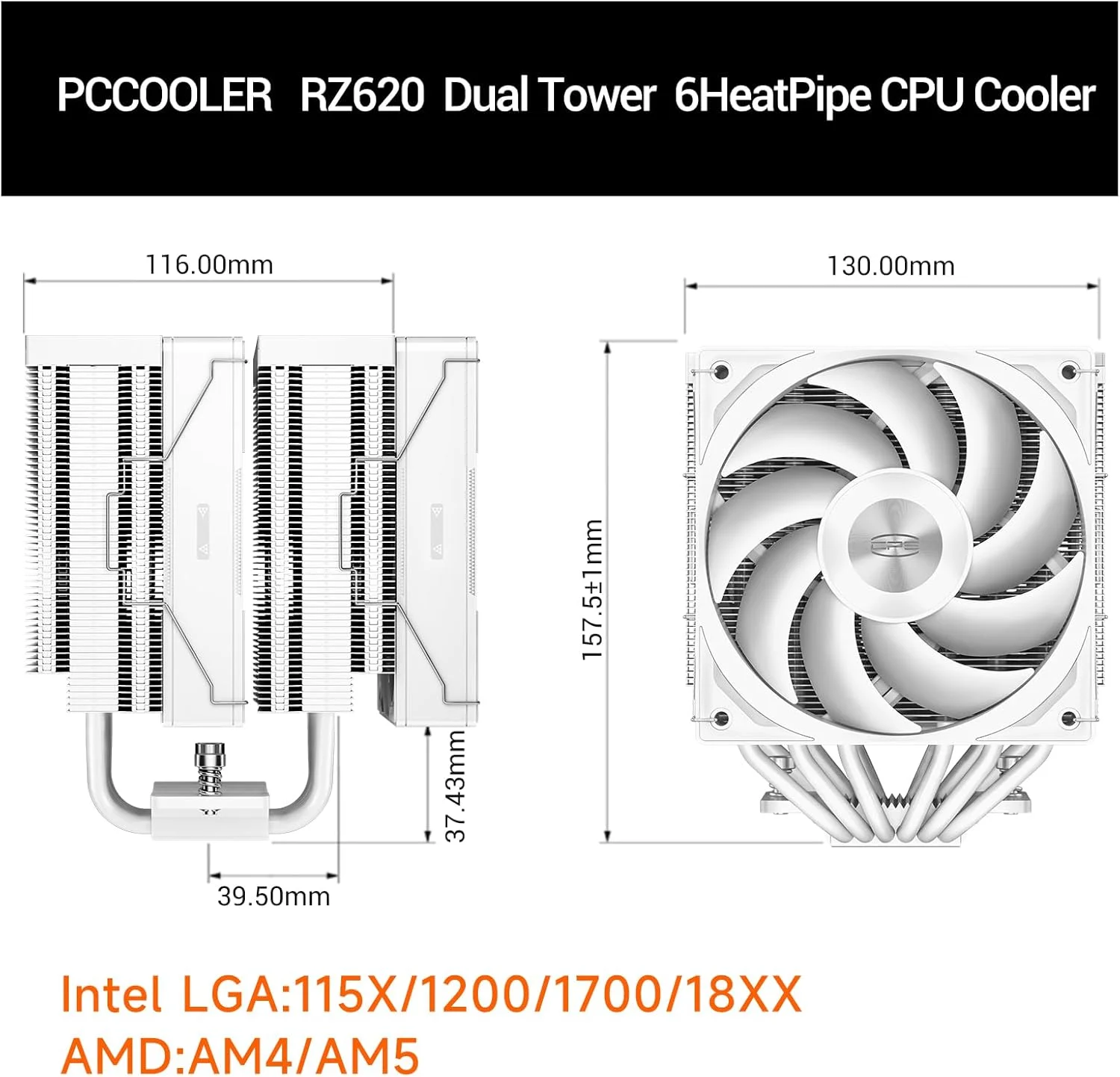 خنک کننده پردازنده PCCOOLER RZ620 TDP 265W، خنک کننده بادی پردازنده، فن پردازنده دو برج، سیستم خنک کننده پردازنده 6 لوله حرارتی با سه حالت فن PWM بی صدا، نصب آسان خنک کننده بادی برای Intel LGA 115X/1200/1700، AMD AM4/AM5، WH
