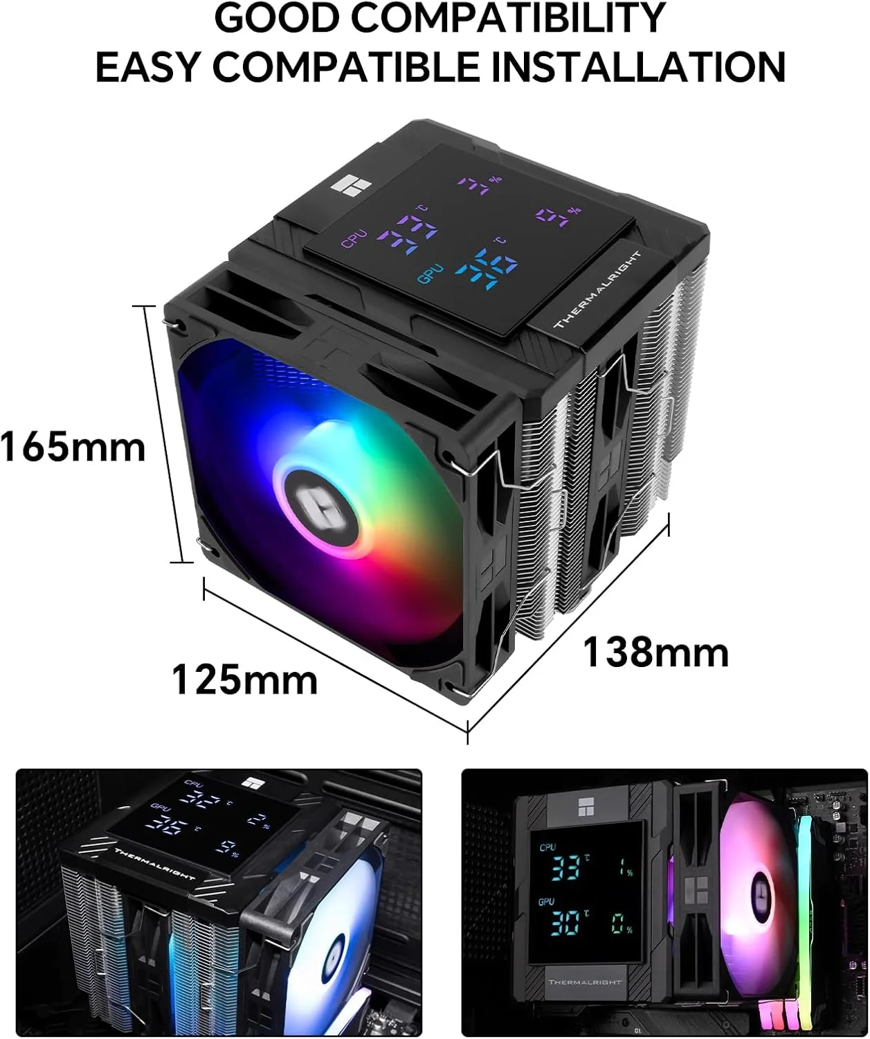 خنک کننده بادی پردازنده Peerless Assassin 120 Digital ARGB، پوشش بالایی صفحه نمایش دیجیتال، 6 لوله حرارتی Peerless Assassin 120 Digital، برای AM4/AM5، Intel LGA115X/1200/1700/1851 (مشکی)