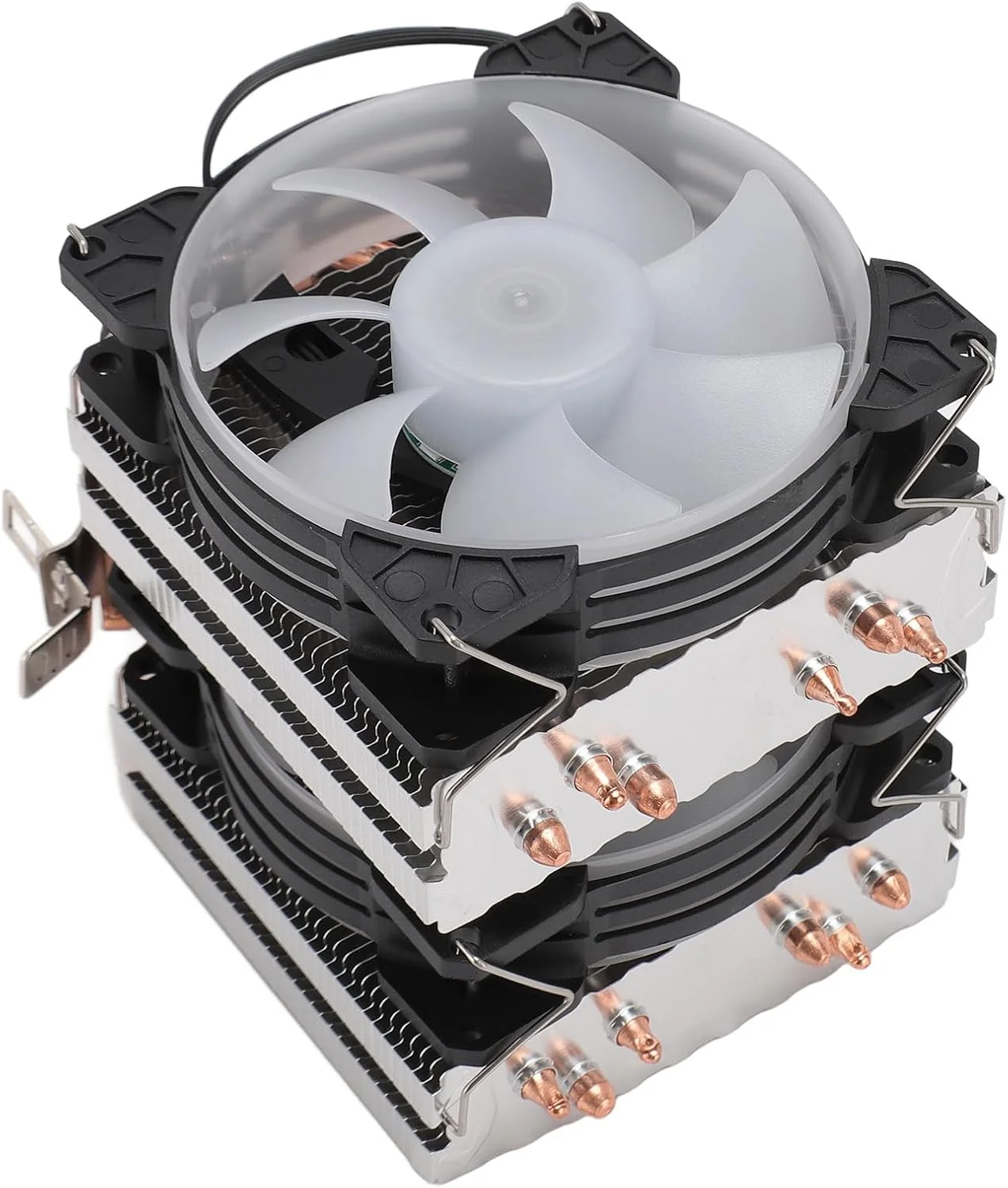 خنک کننده بادی پردازنده، دو برج، 6 لوله حرارتی، فن PWM RGB 9 سانتی متری، فن خنک کننده با عملکرد بالا برای پردازنده ها با عمر طولانی 50000 ساعته، ساختار فلزی 115x98x135 میلی متر