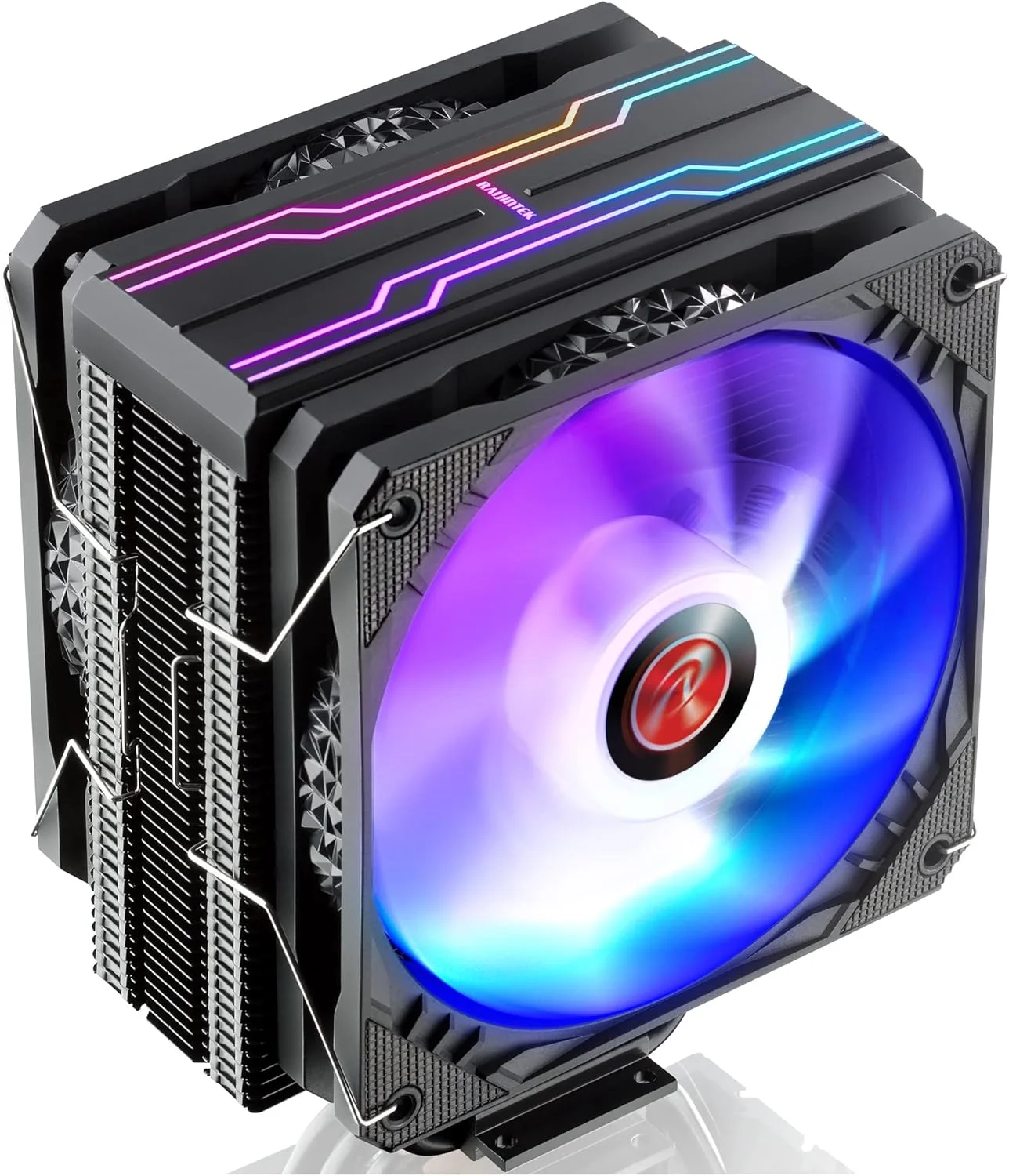 خنک‌کننده پردازنده بادی رِیزِن‌تِک ELEOS 12 Duo RBW، دارای دو فن PWM ۱۲۰ میلی‌متری، ۴ لوله حرارتی مسی با تماس مستقیم، نورپردازی RGB 5 ولت آدرس‌پذیر، سازگار با سوکت‌های Intel/AMD Ryzen، سازگار با LGA 1700