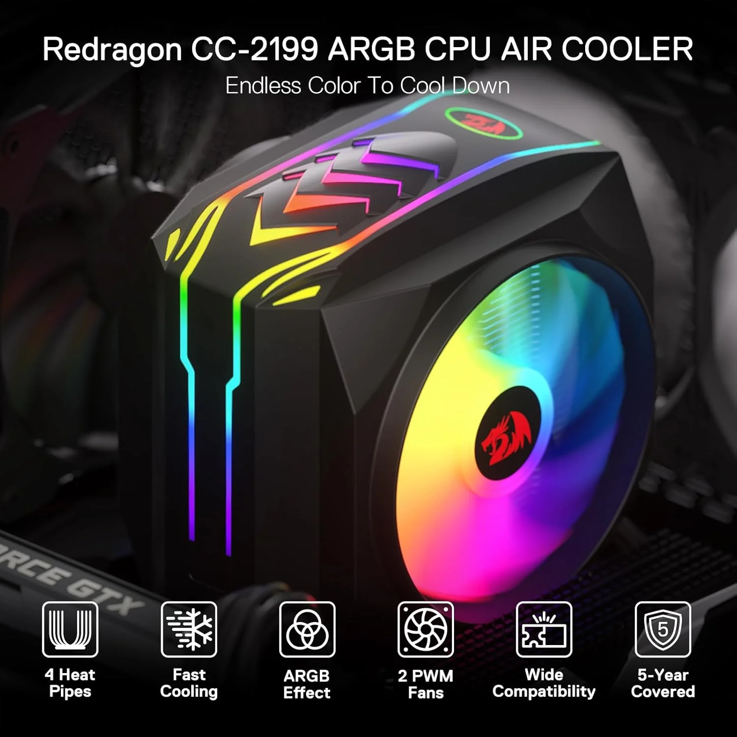 خنک کننده بادی پردازنده Redragon CC-2199، فن خنک کننده پردازنده A-RGB FDB، 2 عدد فن 120 میلی متری PWM بی صدا، 4 لوله حرارتی و پایه مسی صاف، تک برج برای Intel 1700/115X/1200، AMD AM4/AM5