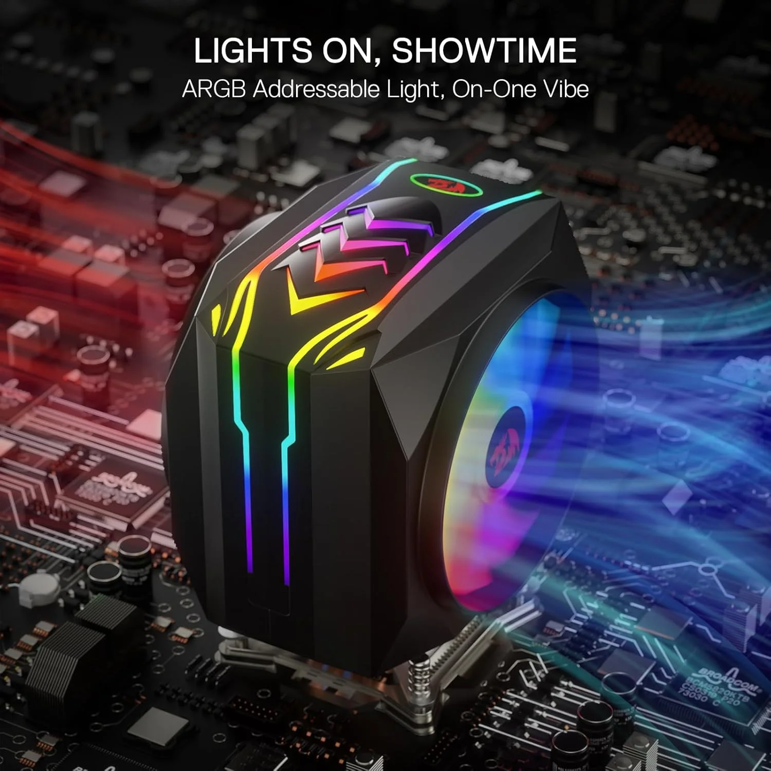 خنک کننده بادی پردازنده Redragon CC-2199، فن خنک کننده پردازنده A-RGB FDB، 2 عدد فن 120 میلی متری PWM بی صدا، 4 لوله حرارتی و پایه مسی صاف، تک برج برای Intel 1700/115X/1200، AMD AM4/AM5