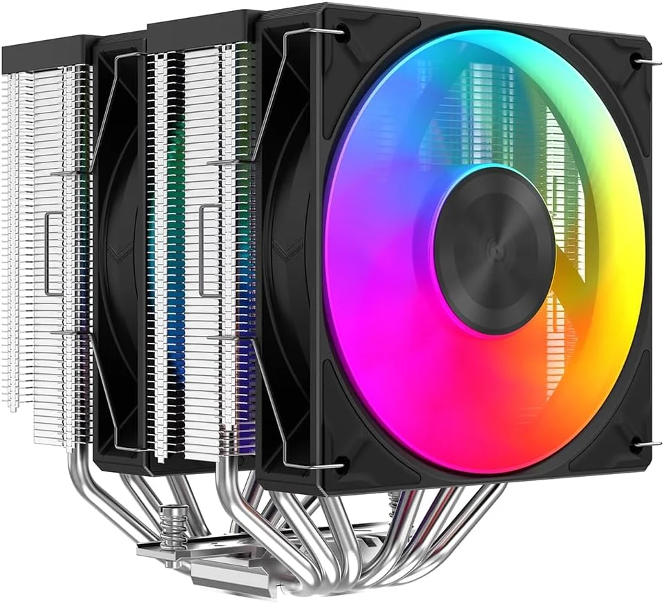 خنک کننده پردازنده SAMA A60L – دارای دو فن ARGB، 6 لوله حرارتی، طراحی برج دوقلو، پایه مسی، پنل بالایی ARGB، توان حرارتی 265W، سازگار با Intel LGA1700/1200/115X و AMD AM4/AM5 – نقره ای