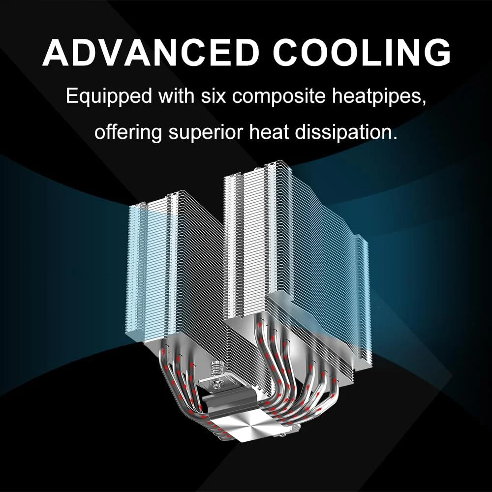 خنک کننده پردازنده SAMA A60L – دارای دو فن ARGB، 6 لوله حرارتی، طراحی برج دوقلو، پایه مسی، پنل بالایی ARGB، توان حرارتی 265W، سازگار با Intel LGA1700/1200/115X و AMD AM4/AM5 – نقره ای